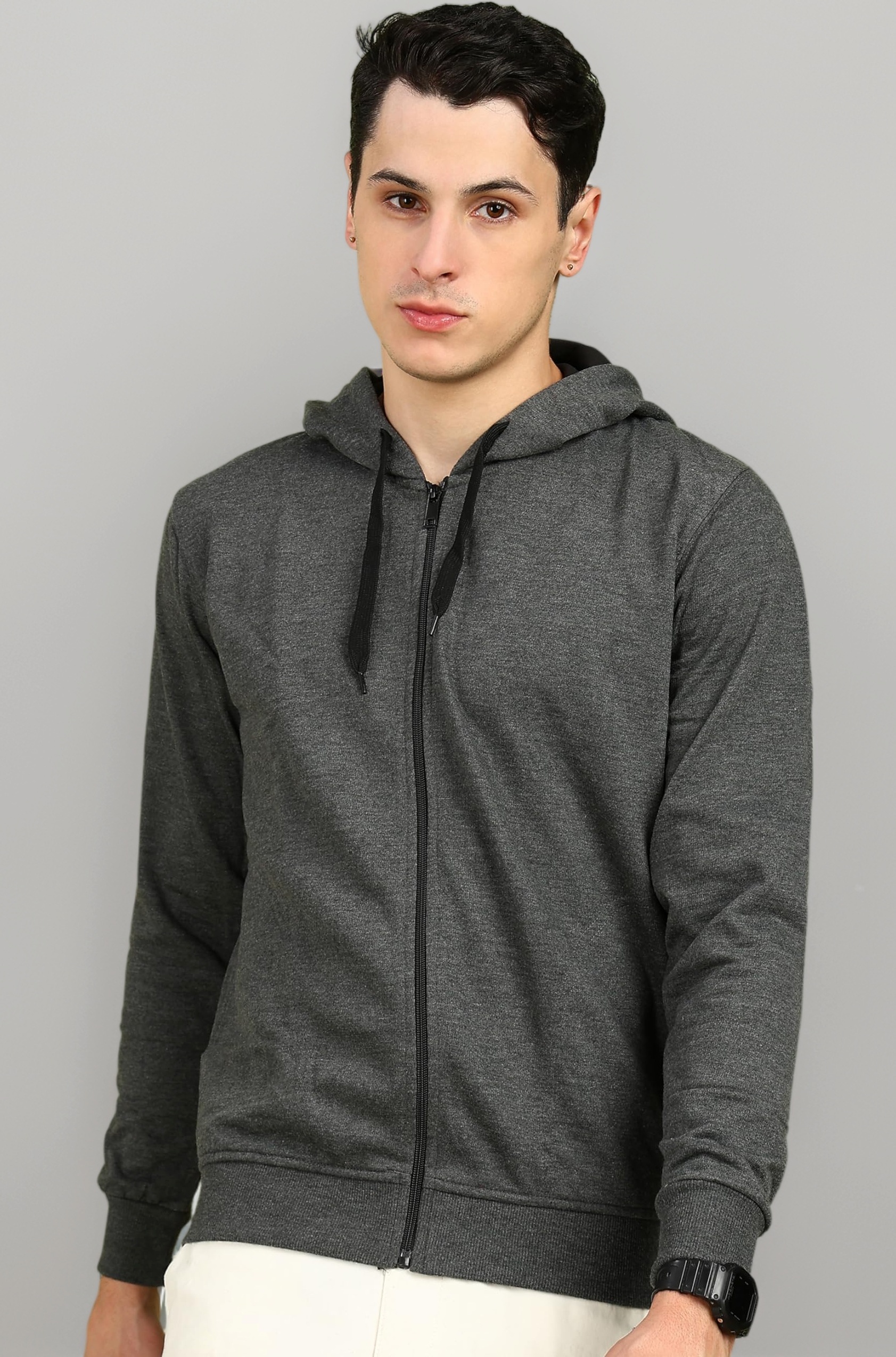 Men’s Solid Zipper Hooded Sweatshirt | Ribbed Hem, Lined Hood, Side Pockets, Durable Zip | Multiple Colors