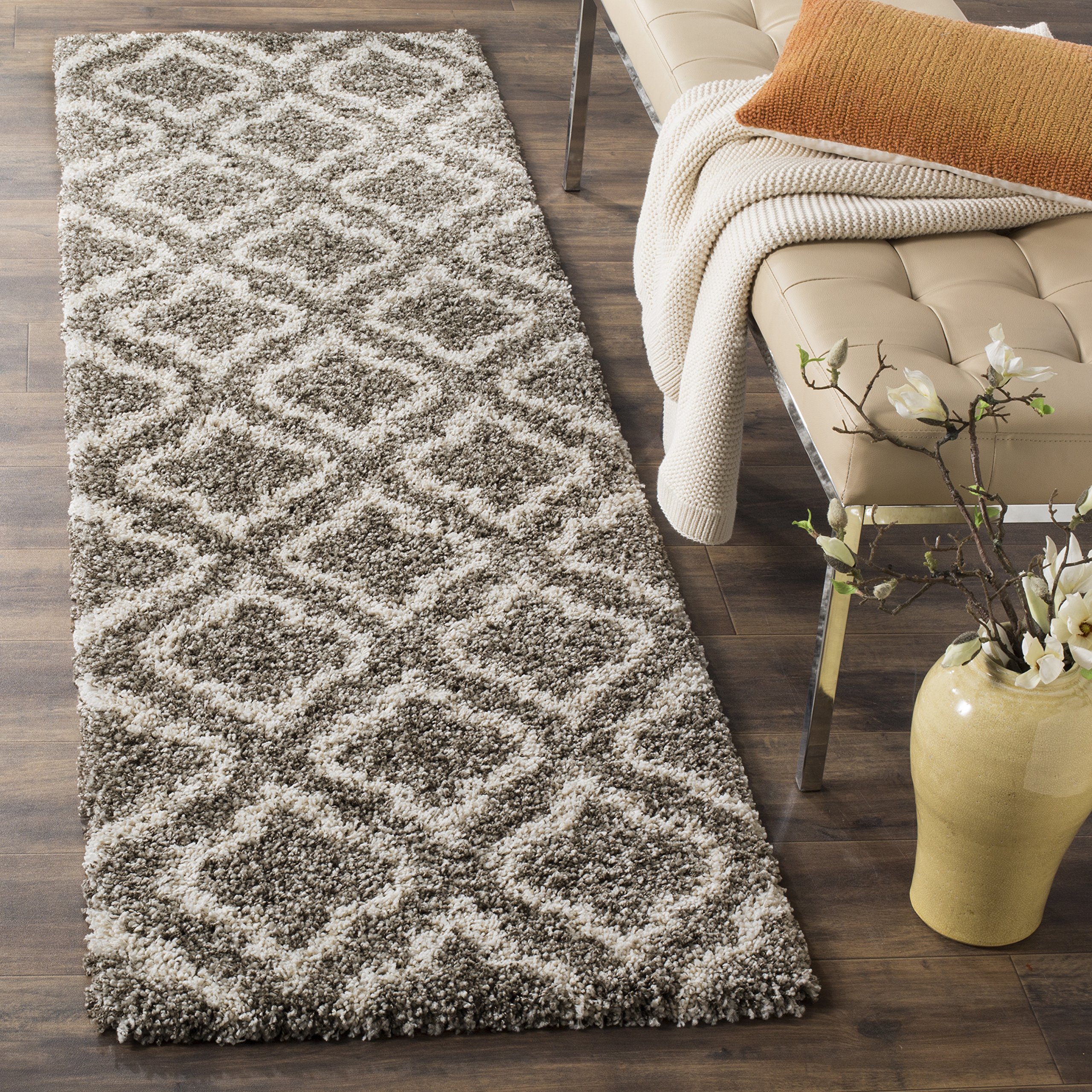 SAFAVIEH Hudson Shag Collection Runner Rug - 2'3" x 12', Grey & Ivory, Moroccan Design, Non-Shedding & Easy Care, 2-inch Thick Ideal for High Traffic