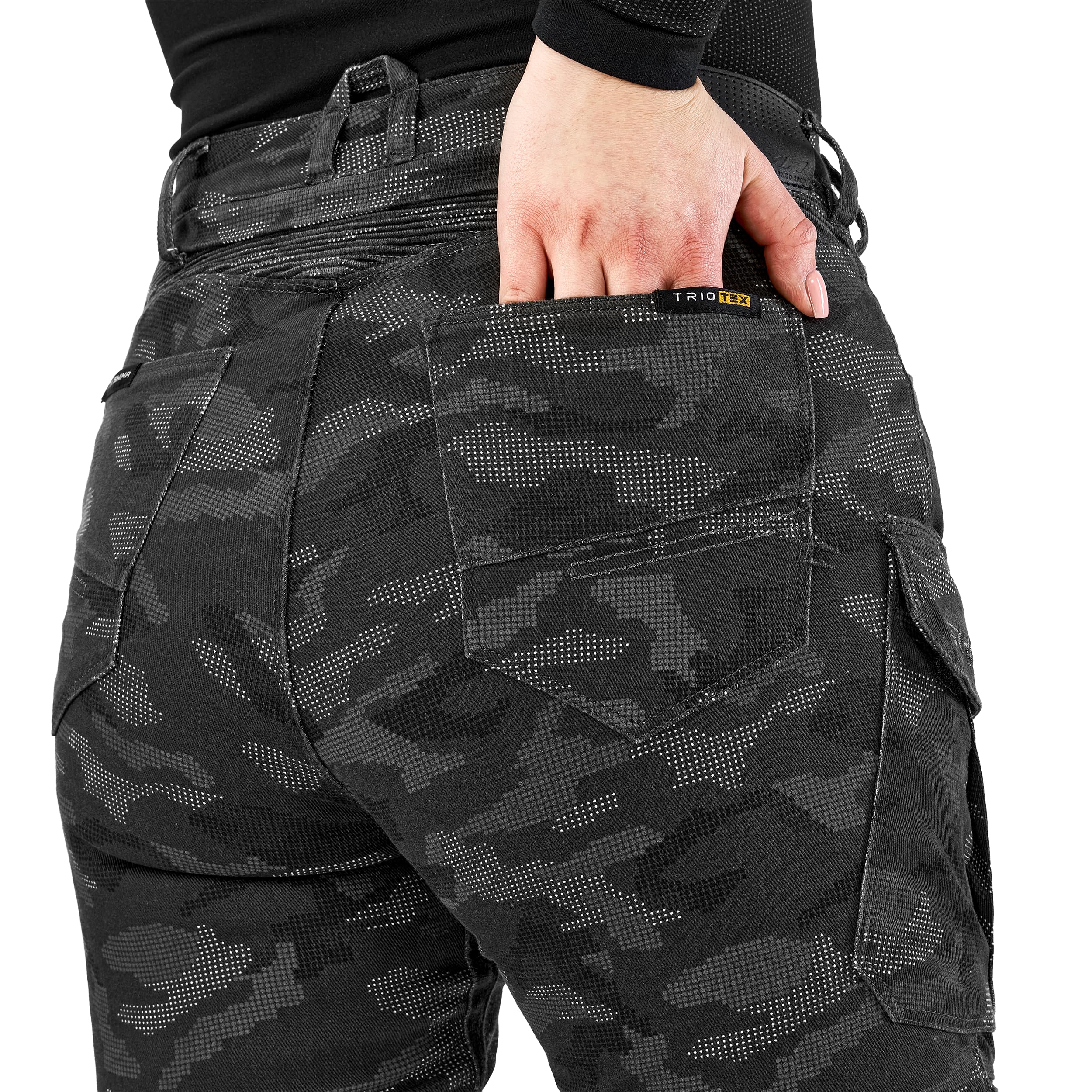 SHIMA Giro 3.0 Damskie spodnie motocyklowe Ochraniacze AirForce Homologowane obcisłe Tekstylia Cargo Urban Spodnie Ochronne Kolana Wentylowane Elastyczne Odzież Letnia (Damska, Camo, 24/30)