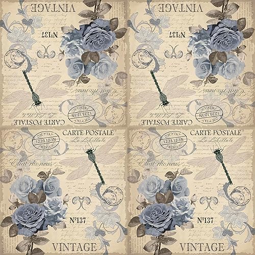 Miniatura 2 de Servilletas de papel de rosas, 40 unidades, diseño de rosas postales, para decoupage, rosas azules vintage en papel de seda de flor de lis,