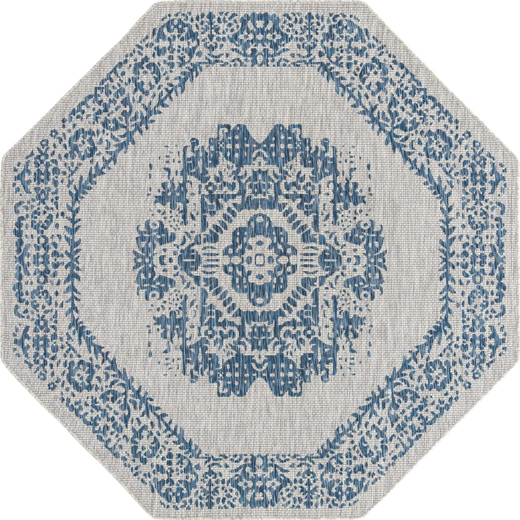 Unique Loom Outdoor Traditional Collection Area Rug - Timeworn (7' 10" Octagon, Blue/ Gray)