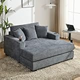 Modern Upholstered Indoor Chaise Lounge with Pillows, Charge Station & Cup Holders, Single Sofa Couch with Armrest and Soild Wood Legs, Blue Gray