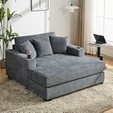 Modern Upholstered Indoor Chaise Lounge with Pillows&comma; Charge Station & Cup Holders&comma; Single Sofa Couch with Armrest and Soild Wood Legs&comma; Blue Gray