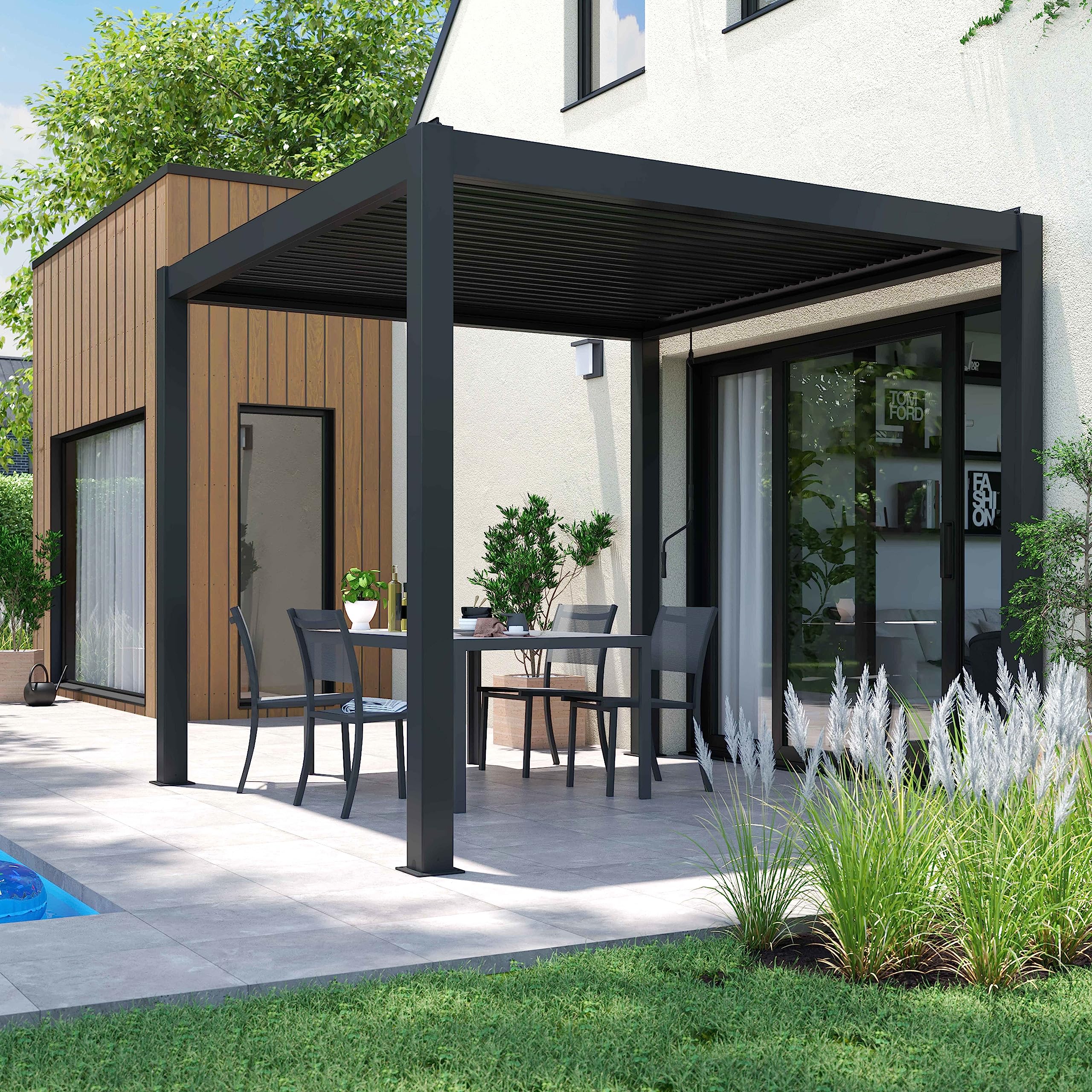 Oviala Pergola bioclimatique autoportée 3x3m et 1 Store 2,66 X 2,34 m