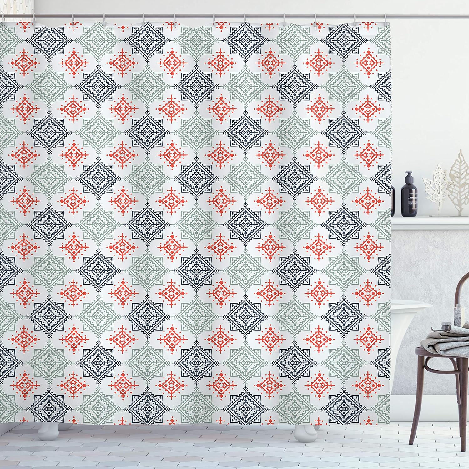 Lunarable Tribal Stall Shower Curtain, Bohemian Style Ornate Diamond Shape Pattern Design Geometric, Fabric Bathroom Decor Set with Hooks, 36" W x 72" L, Turquoise Orange Brown