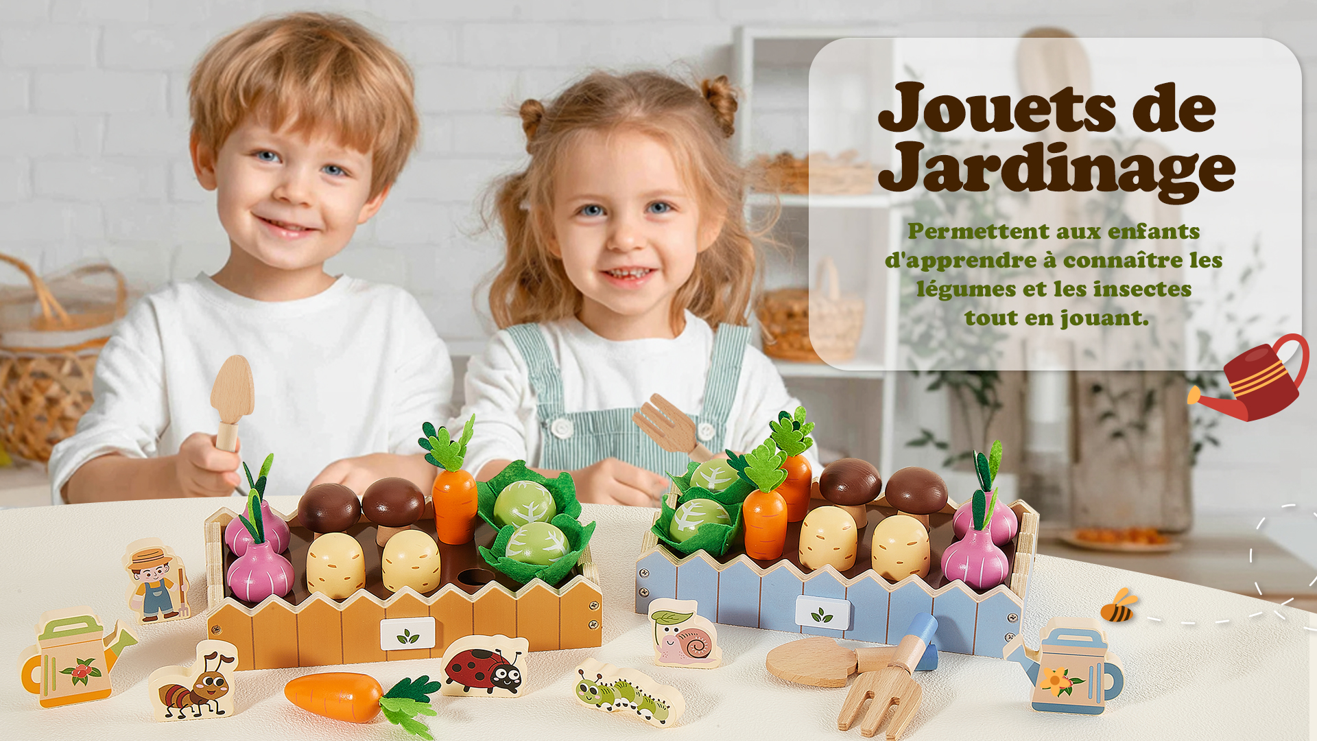 HERSITY Jouet En Bois Montessori – Jardin Potager Avec 20 Accessoires, Motricité Fine, Cadeau 3-5 Ans