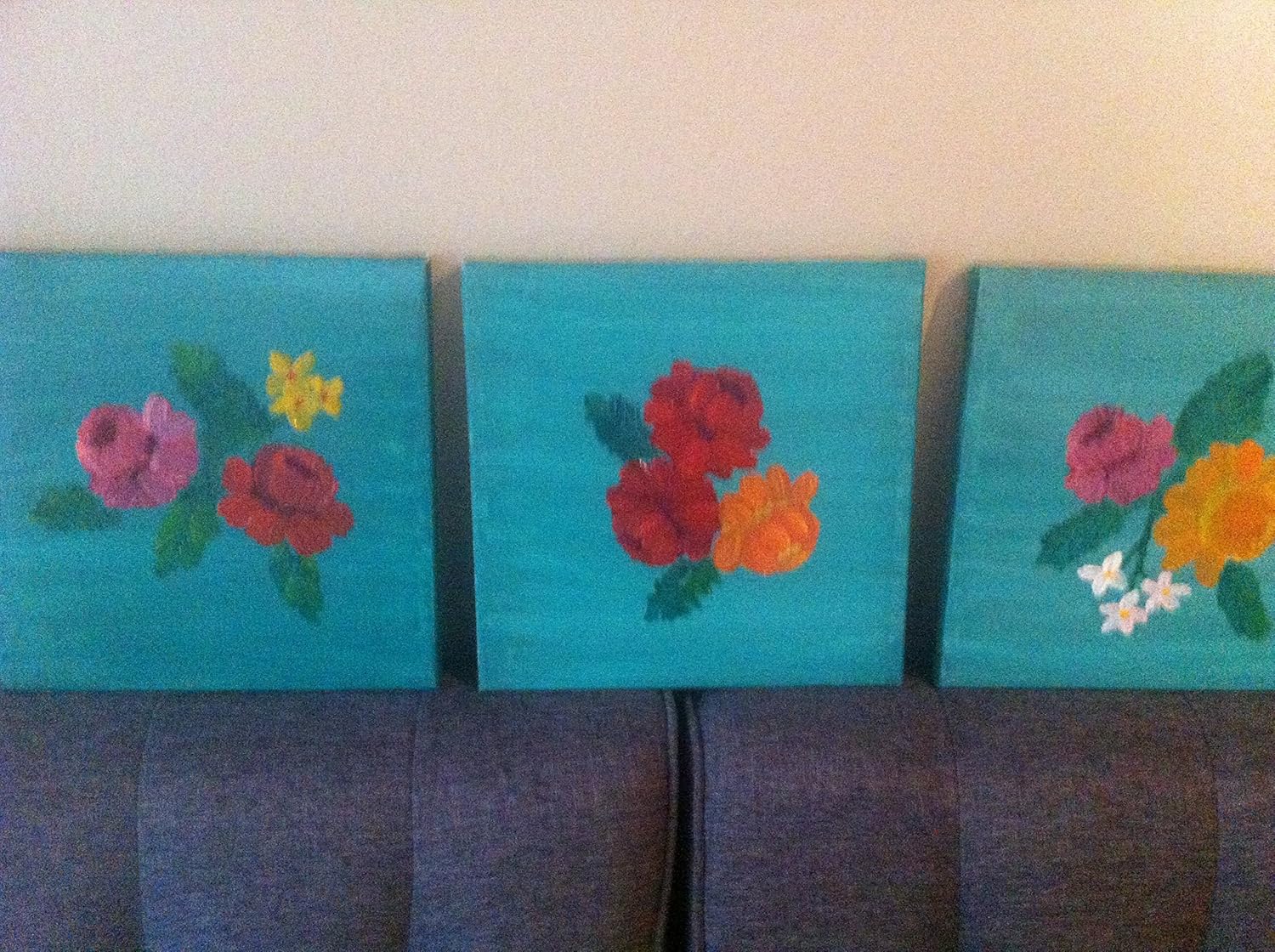 Set of 3 flowers on Blue Handmade Products