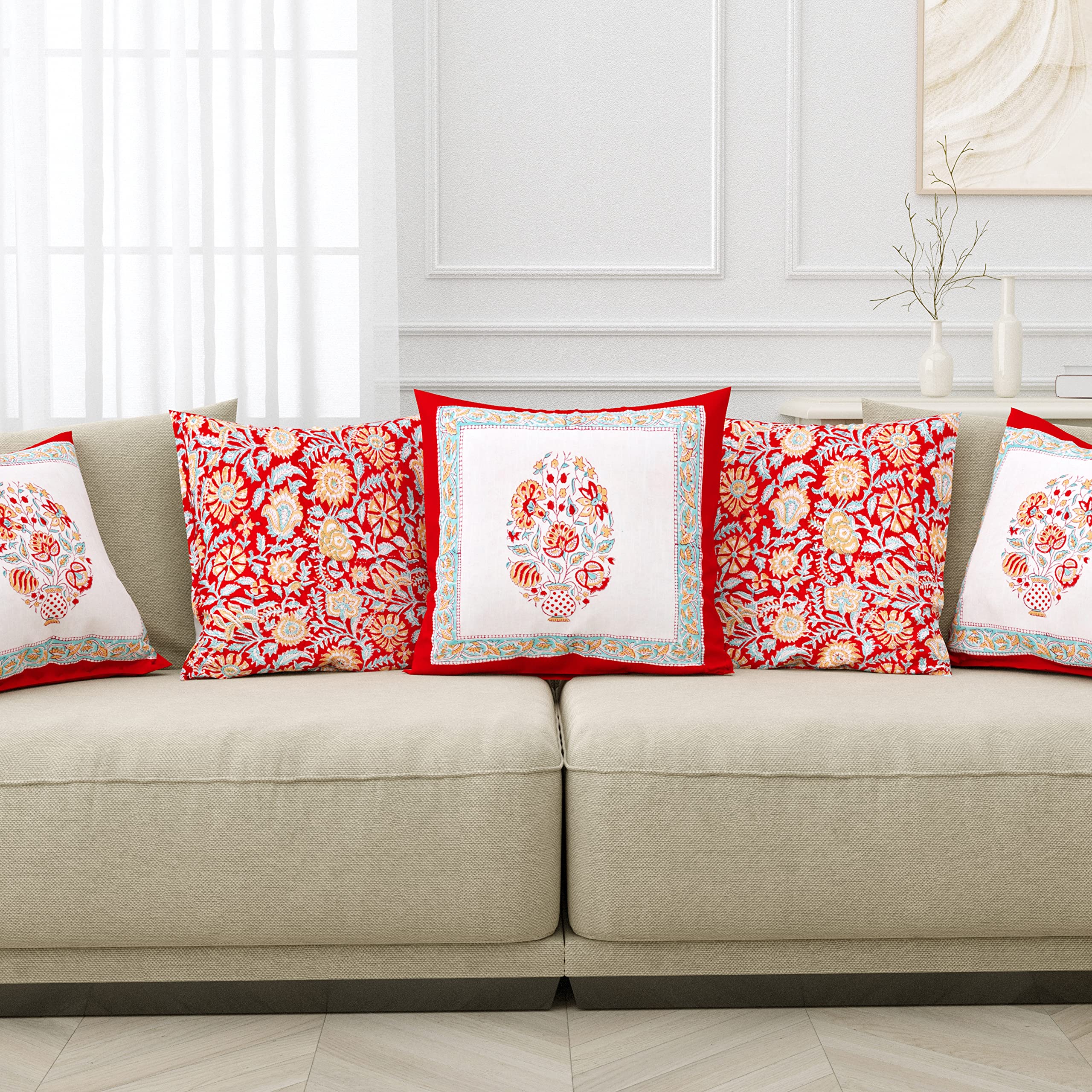 BLOCKS OF INDIA Hand Block Printed Cotton Linen Cushion Cover (16 X 16 Inches) (Red Motifs), 250 TC-image-37