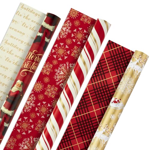 Hallmark Christmas Wrapping Paper, 3 Reversible Rolls (Red and Gold)