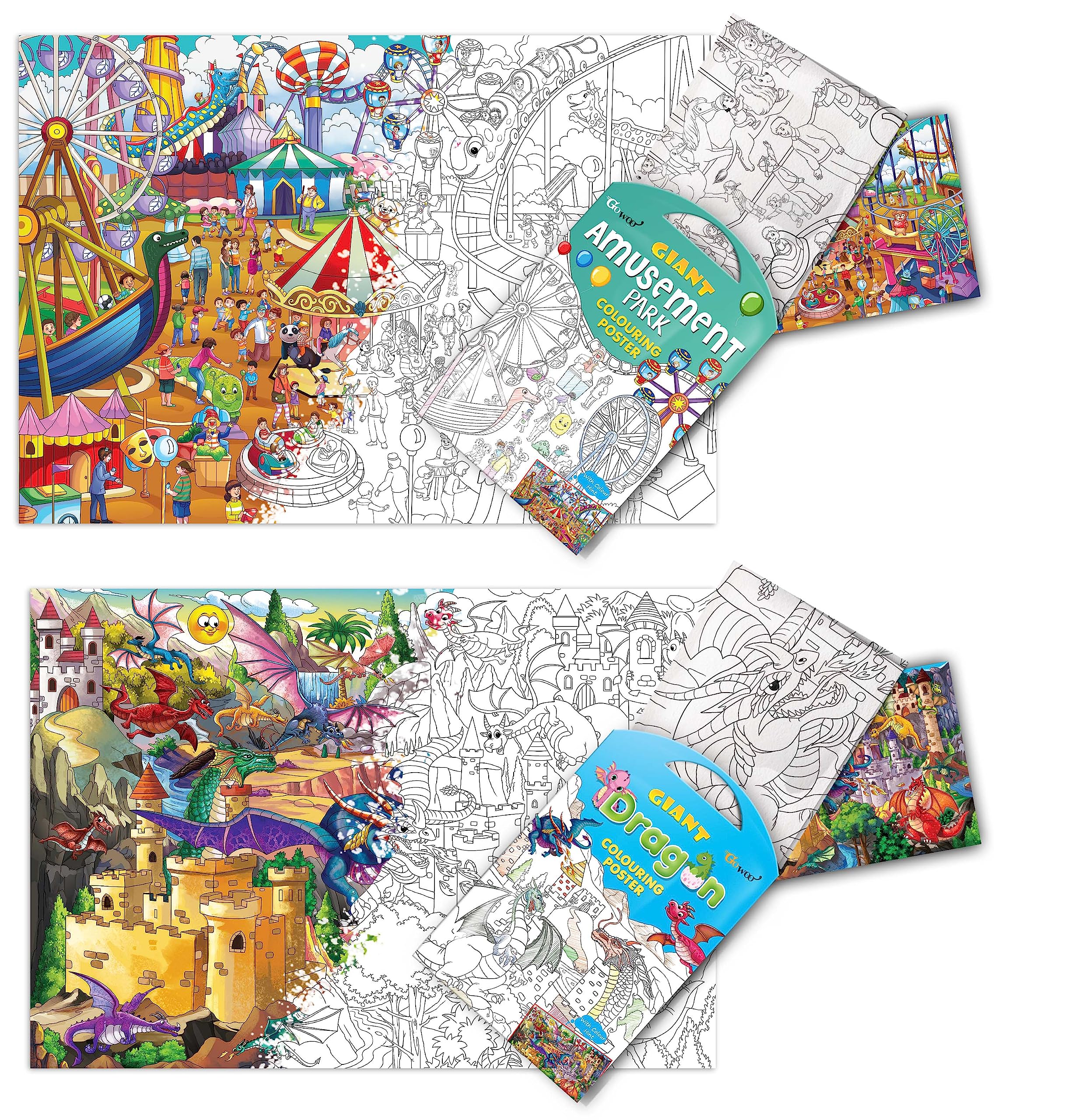 GIANT AMUSEMENT PARK COLOURING POSTER and GIANT DRAGON COLOURING POSTER | Combo pack of 2 Posters I large colouring posters for adults