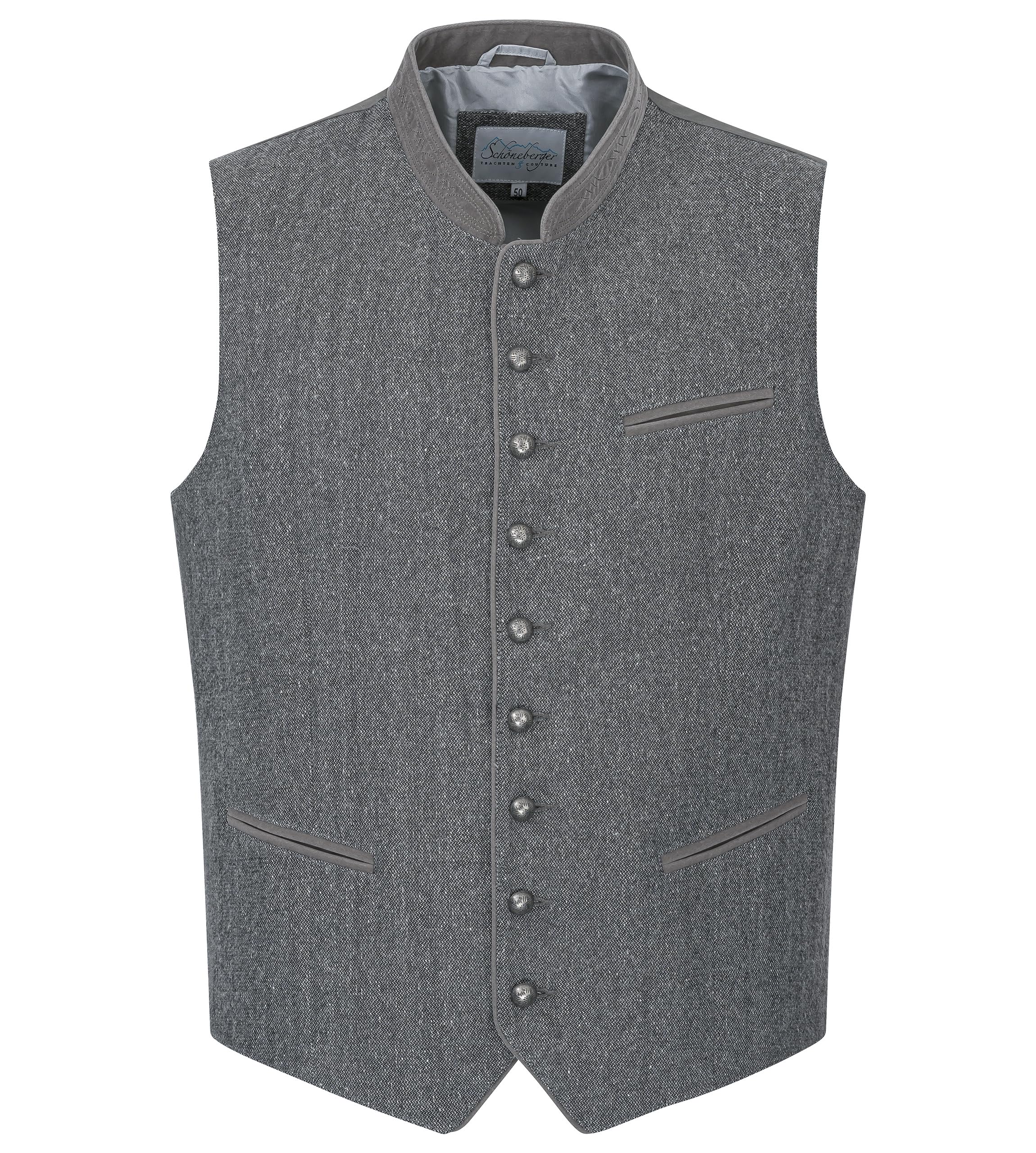 Schöneberger Trachten Couture Men's Gray Traditional Waistcoat - High-Quality Loden Vest Grey For Oktoberfest - Traditional Lederhosen Gilet Manuel, 50