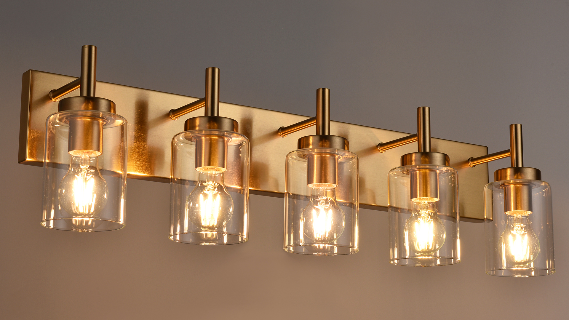 Image of 5-Light Bathroom Light Fixtures, Brushed Brass Indoor Vanity Light Over Mirror with Milky White Frosted Glass Shades Modern Wall Lighting for Hallway Makeup Table