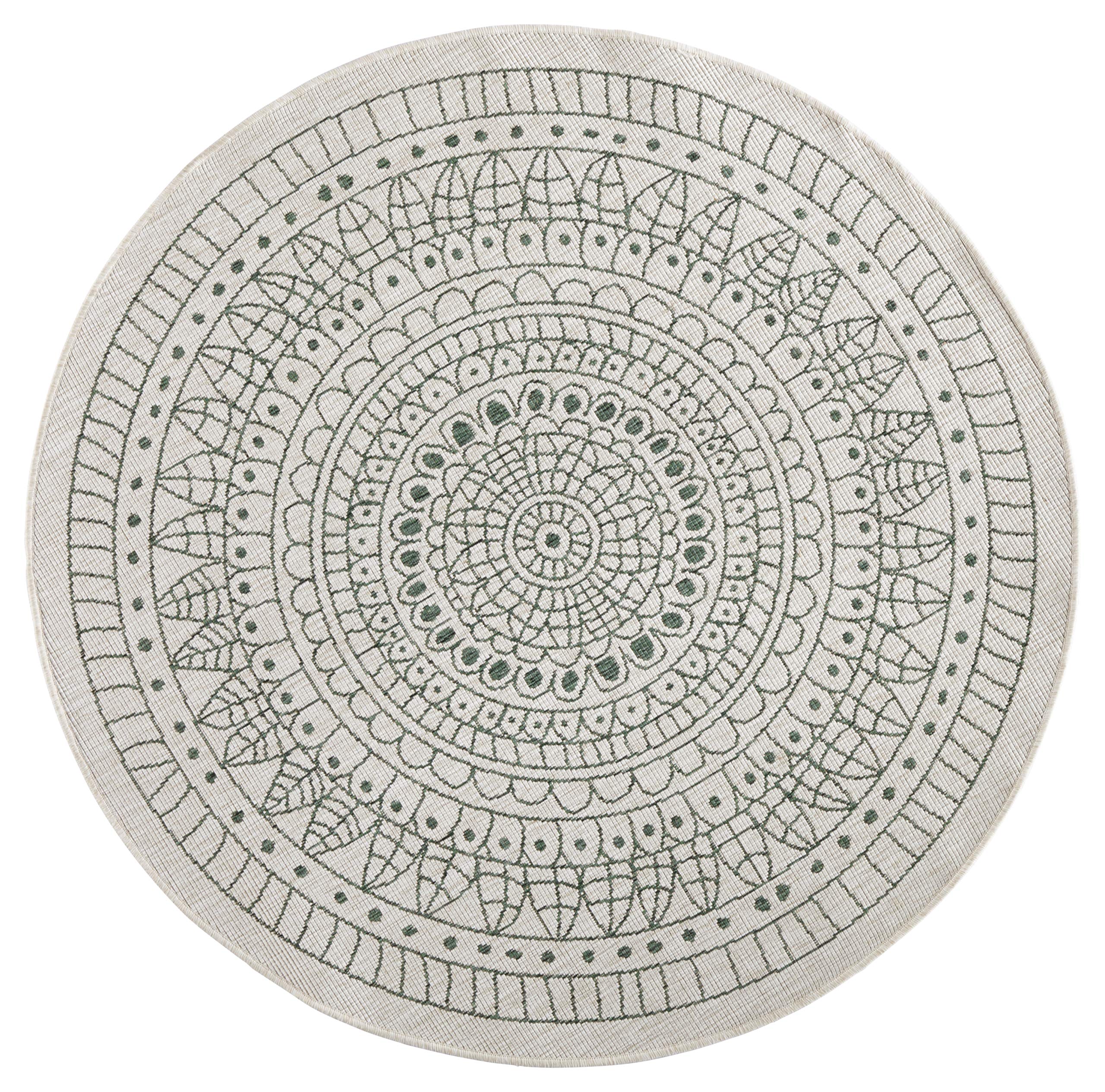 Hanse Home Northrugs Porto In- und Outdoor Teppich Rund – Runder Wendeteppich Wasserfest Mandala Design Flachgewebe Teppich Wetterfest für Balkon, Terrasse, Garten, Wohnzimmer in Grün Creme, ⌀140cm