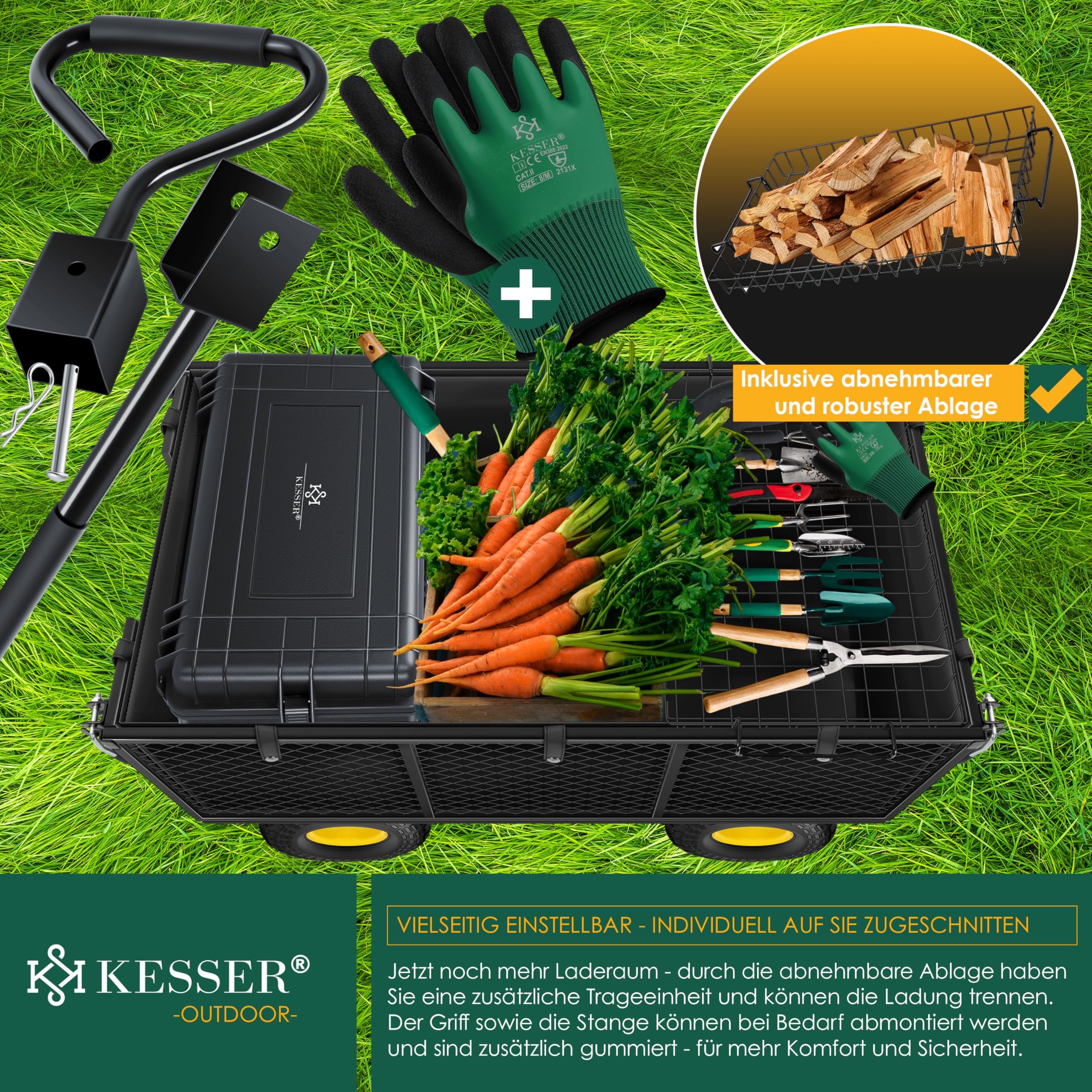 KESSER® Gartenwagen Bollerwagen Transportwagen 700kg belastbar Gartenkarre, inkl. herausnehmbare Plane, Luftreifen Gerätewagen Handwagen vielseitig einsetzbar inkl. Handschuhe + Ablage, Farbe:Schwarz