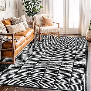 Rugshop Bohemian Stripe Lines Washable Non Slip Area Rug 5' x 7' Black