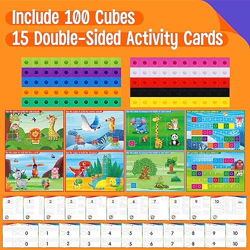 Miniatura 2 de Cubos de enlace de matemáticas, 100 manipuladores de cubos matemáticos con 30 actividades de aprendizaje Bloques de conteo numérico Contadores