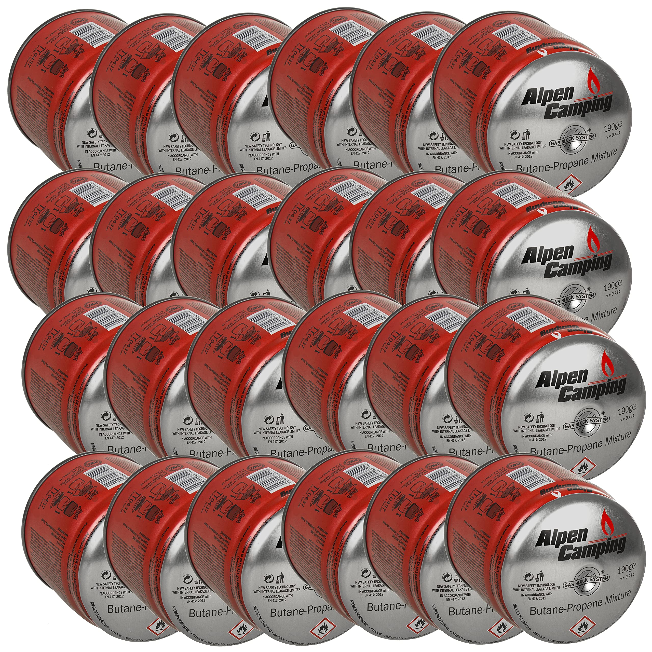 Alpen Camping IK006 24 x 400 ml/190 g cartuchos de gas propano-butano cartucho de punción para hornillo de gas, hornillo de camping, quemador Bunsen, quemador de soldadura, sistema de bloques de gas