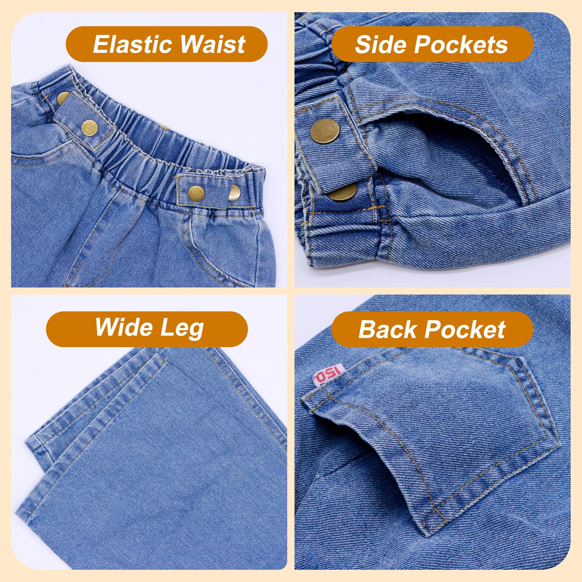 Jeans para Niñas, Holgados de Pierna Ancha Vaqueros Casual Pantalones con Cintura Elástica, Largos Stretch Azul Denim Jeans con Bolsillos Moda Infantil Pants para 6-14 años