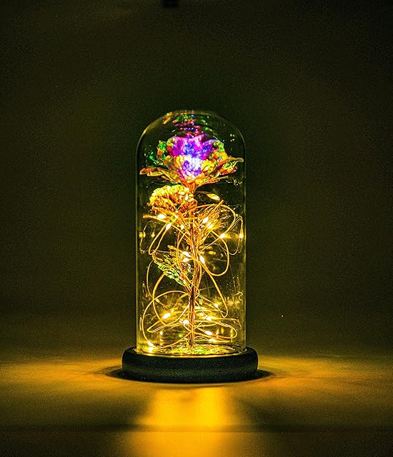 NAWEIDA Galaxy Rose Flower Gift, Infinity Rose in Glass Dome,Automated Color Change String Light on The Crystal Rose,Unique Gifts for Women, and Birthday