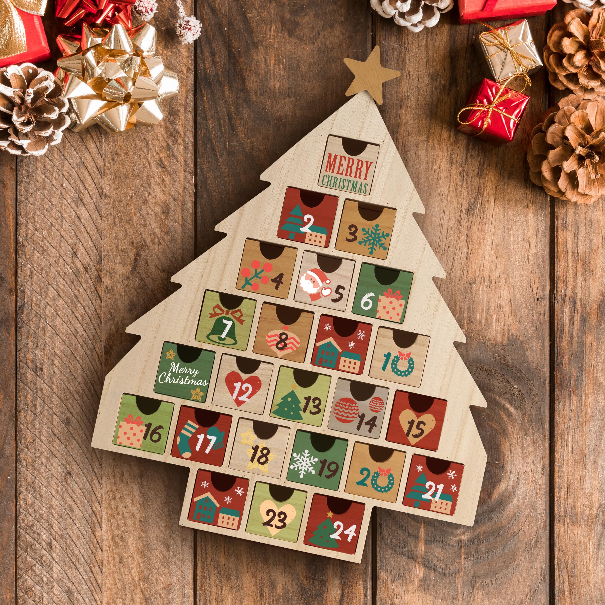 Sunlit Weihnachts-Adventskalender aus Holz mit Schubladen, unlackiertes Holz, Countdown-Kalender in Weihnachtsbaumform, fertig zum Dekorieren und Personalisieren, Bastelaufbewahrungsbox, DIY Guru und