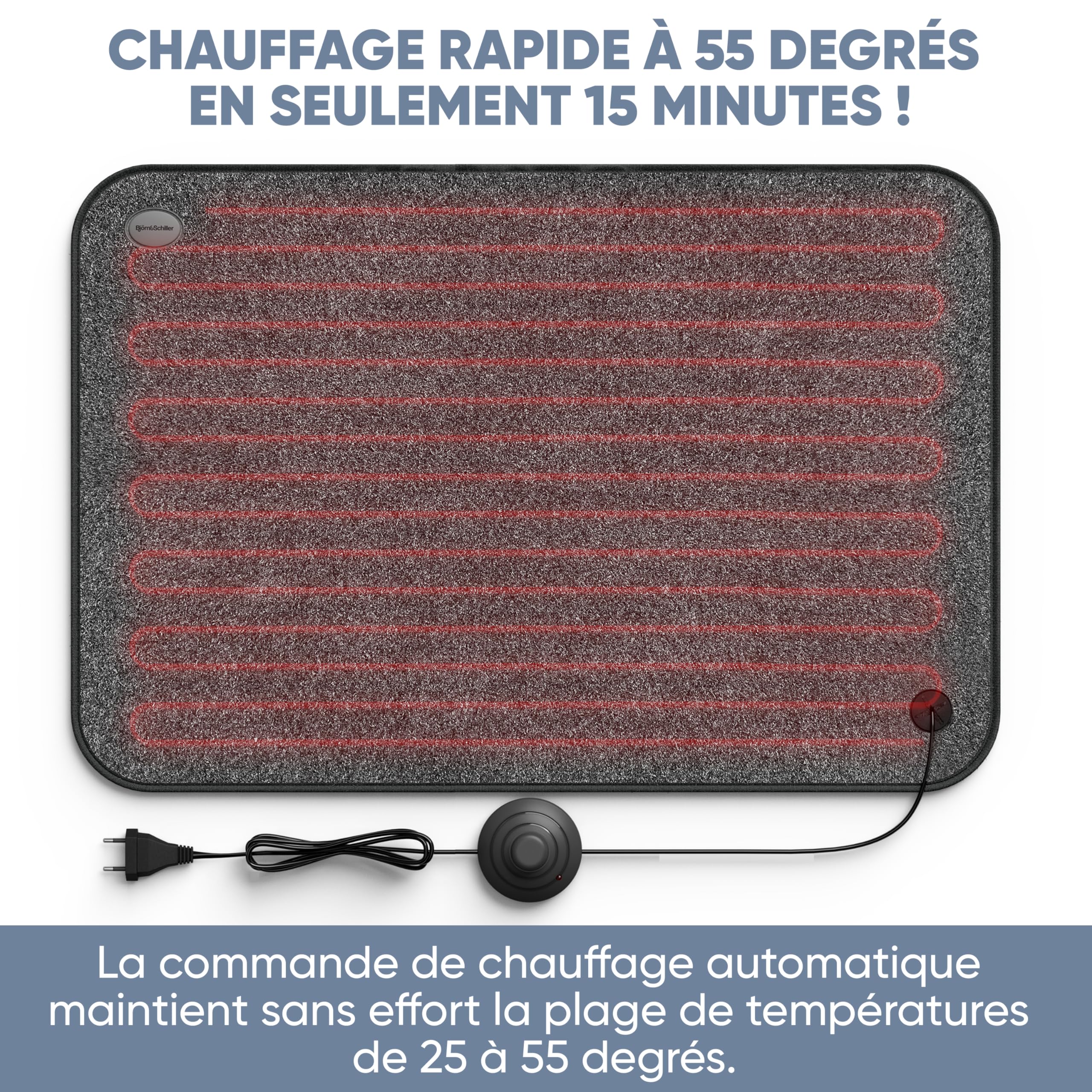 Björn&Schiller Tapis chauffant électrique avec interrupteur, tapis chauffant pour sol, 75 watts, chaleur pour les pieds, 40x60 cm, tapis chauffant pour le bureau et la maison, câble 210cm