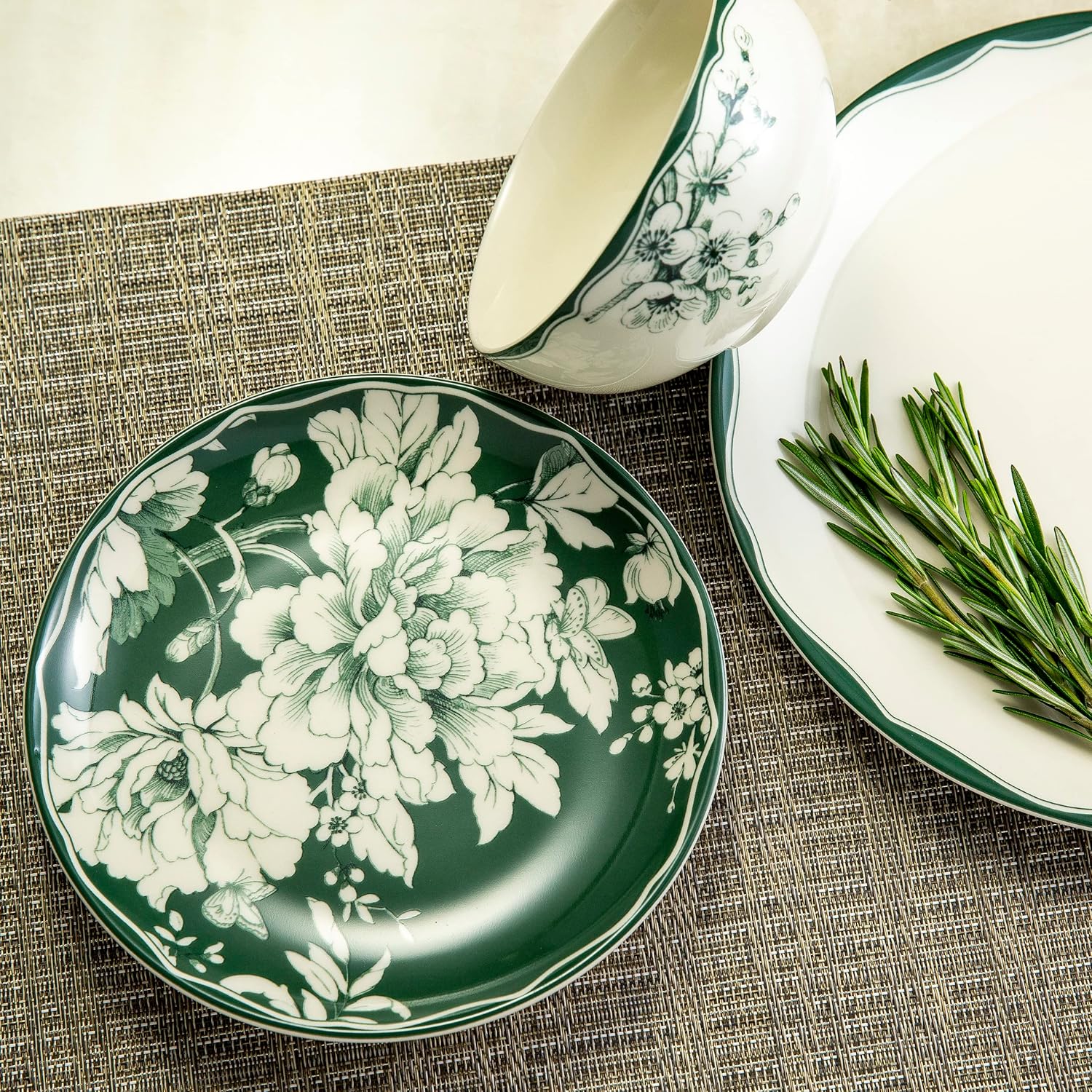 222 Fifth 12-Piece Porcelain Dinnerware Set for 4, White & Sage Green Plates and Bowls Set, Glossy Ceramic Dish Set with Detailed Floral Design, Microwave & Dishwasher Safe Dishes for Dining, Brittany - Image 5