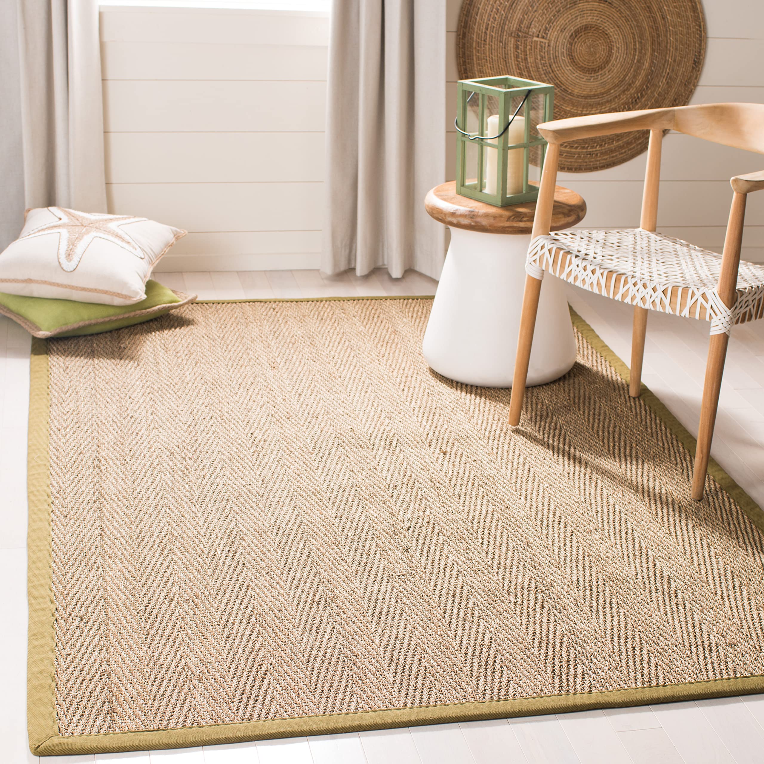 SAFAVIEH Tapis en Fibres Naturelles Salon, Salle à manger, Chambre à coucher - Natural Fiber Collection, Tapis à poil court, Naturel et Olive, 122 X 183 cm