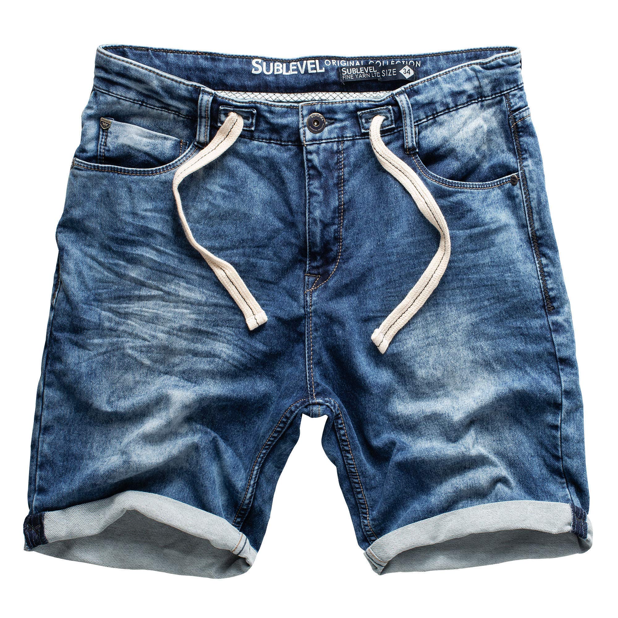 Sublevel Herren Sweat Jeans Shorts – Kurze Denim Jogginghose mit Stretchbund Kordelzug Washed Look – Bequeme Sommer Freizeit Shorts Casual Streetwear Regular Fit W29–W42