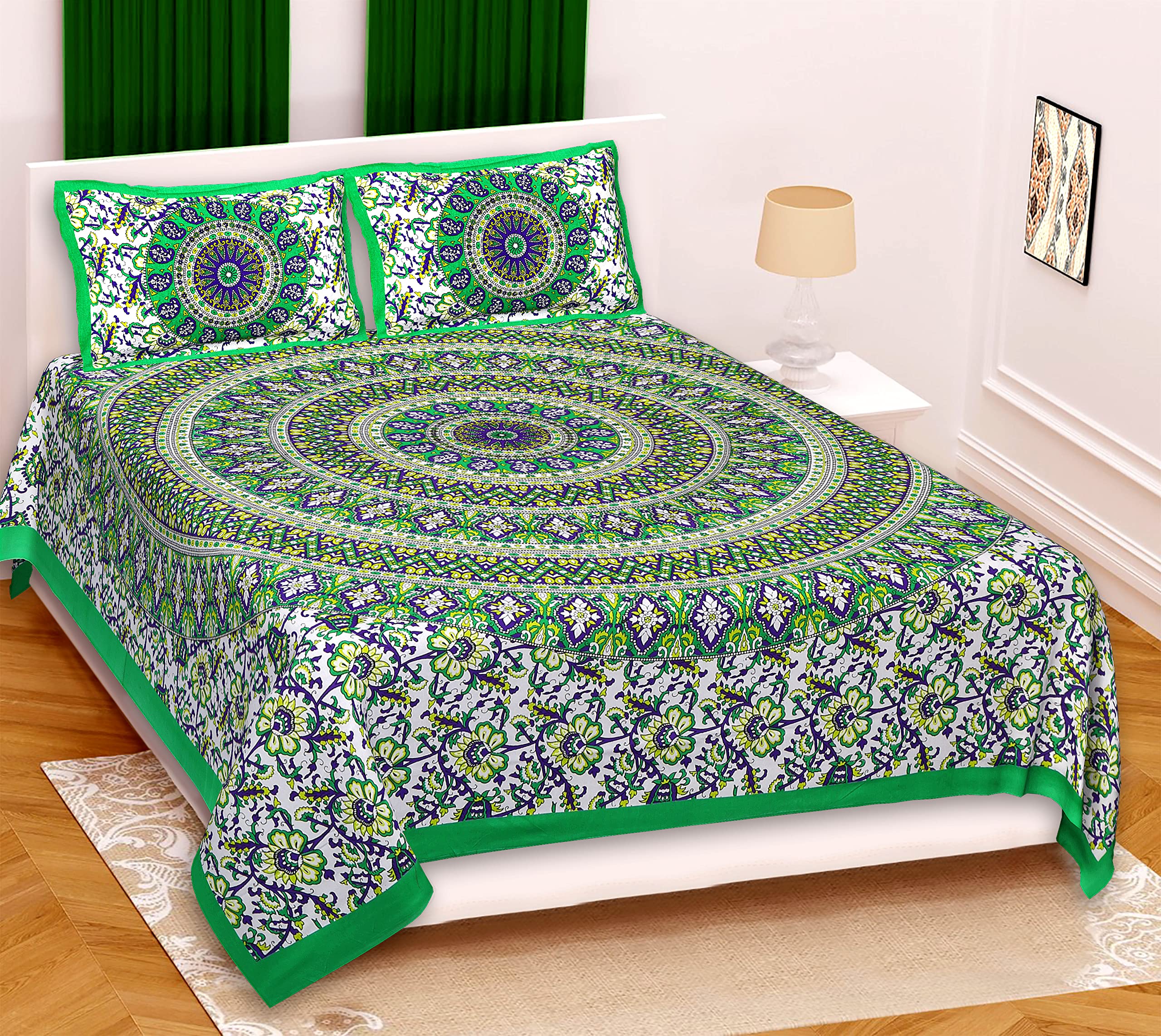 Rajasthani Jaipuri Bedsheet - Green Cotton -7