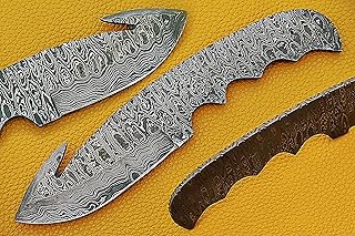 9 inches long hand forged trailing point gut hook skinning knife blade, knife making supplies, Damascus steel blank blade Pocket knife with 3 Pin hole, 3.75 inches cutting edge, 4" scale space - Damascus Depot