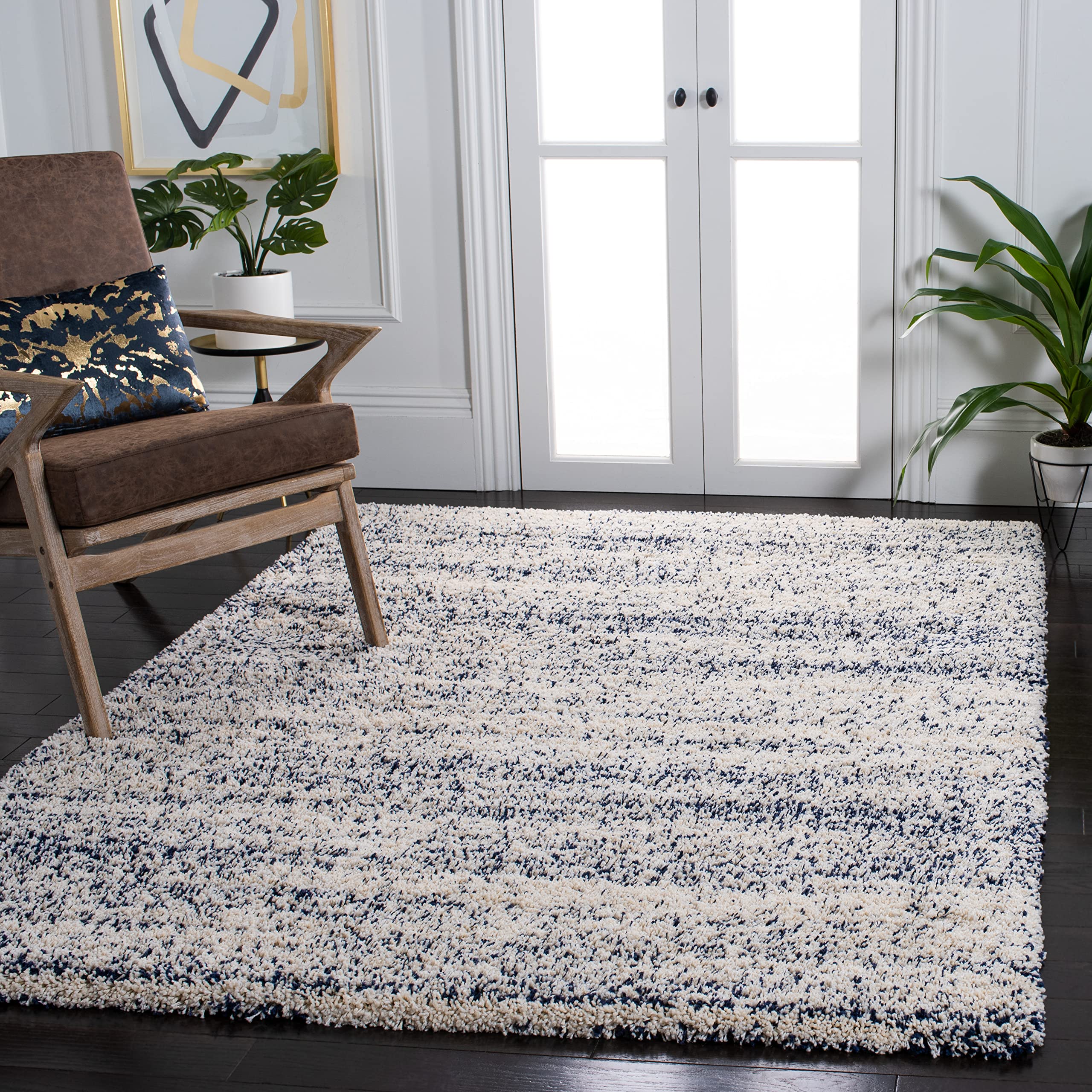 SAFAVIEH Hudson Shag Collection Area Rug - 5'3" x 7'6", Ivory & Navy, Modern Abstract Design, Non-Shedding & Easy Care, 2-inch Thick Ideal for High Traffic Areas in Living Room, Bedroom (SGH295A)