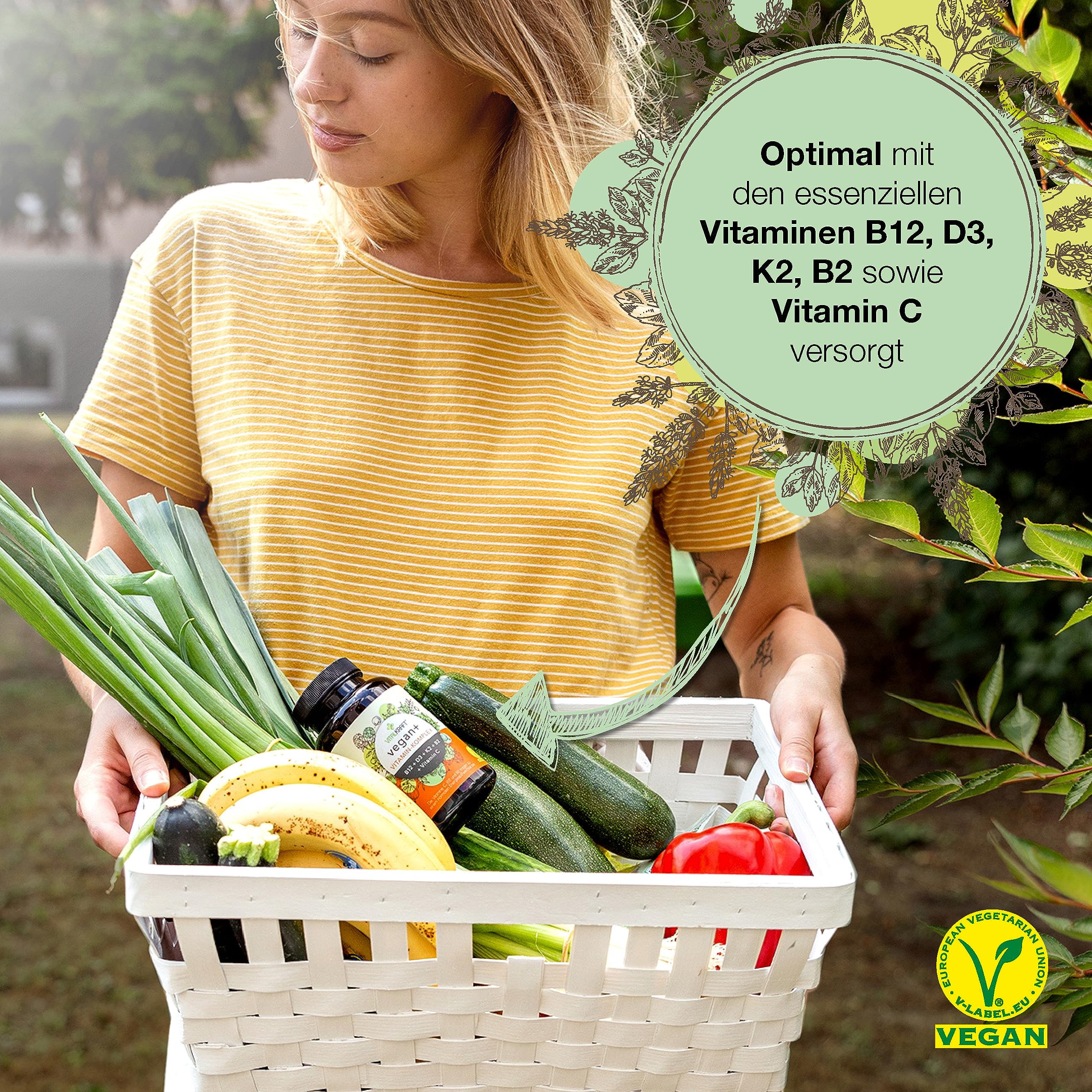 Vegan+ Set Vitamin & Mineral-Komplex, hochdosierte Kapseln mit den Vitaminen B12 + D3 + K2 + B2 + Vitamin C mit Magnesium, Eisen, Zink, Jod, Selen, B6 und Folsäure