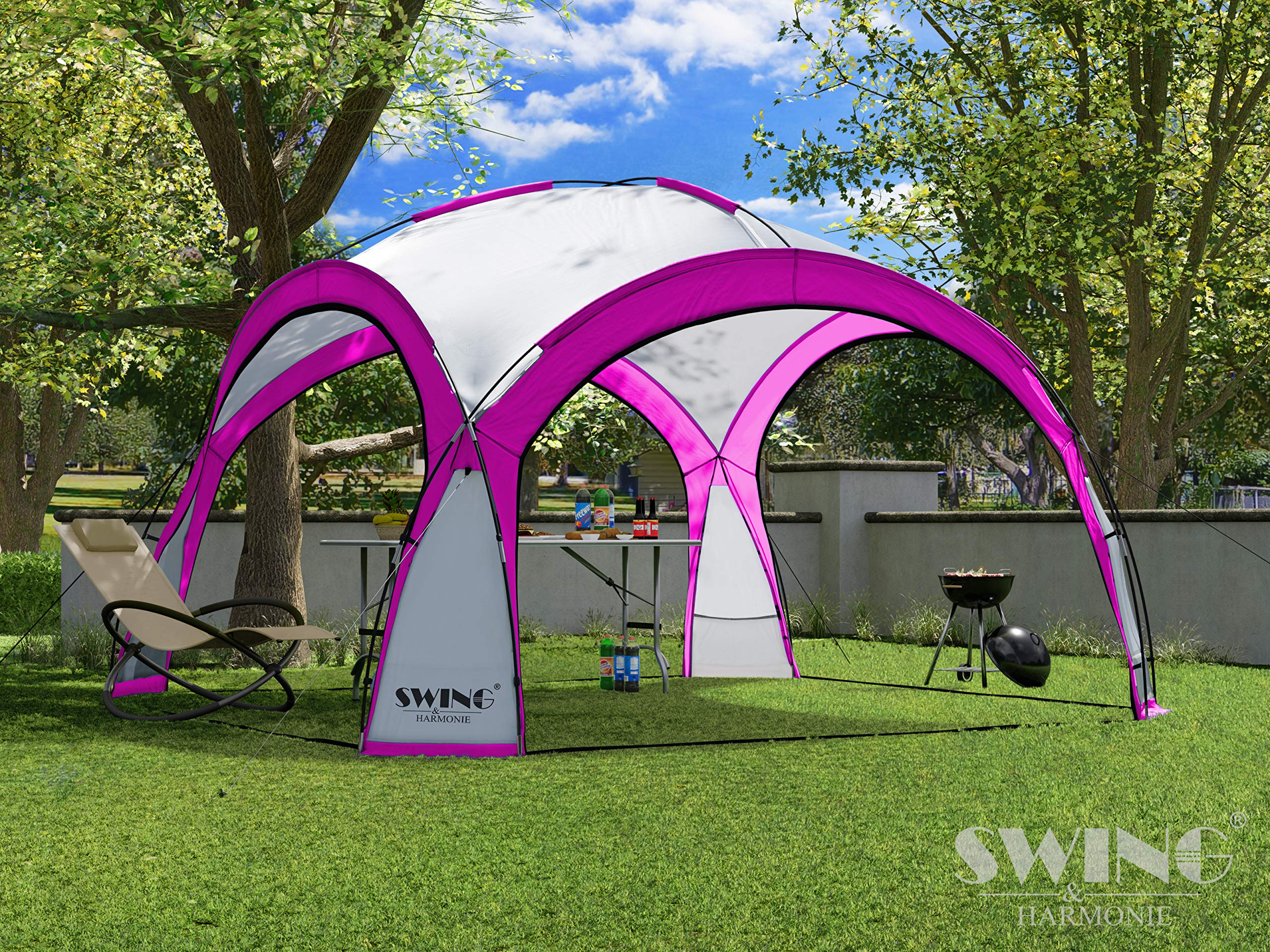 XXL LED Event Pavillon 4,5 x 4,5m DomeShelter Garten Pavillion inkl. Solarmodul Pavilion Designer Gartenzelt Camping Pavilon Partyzelt mit Beleuchtung (450cm - pink)