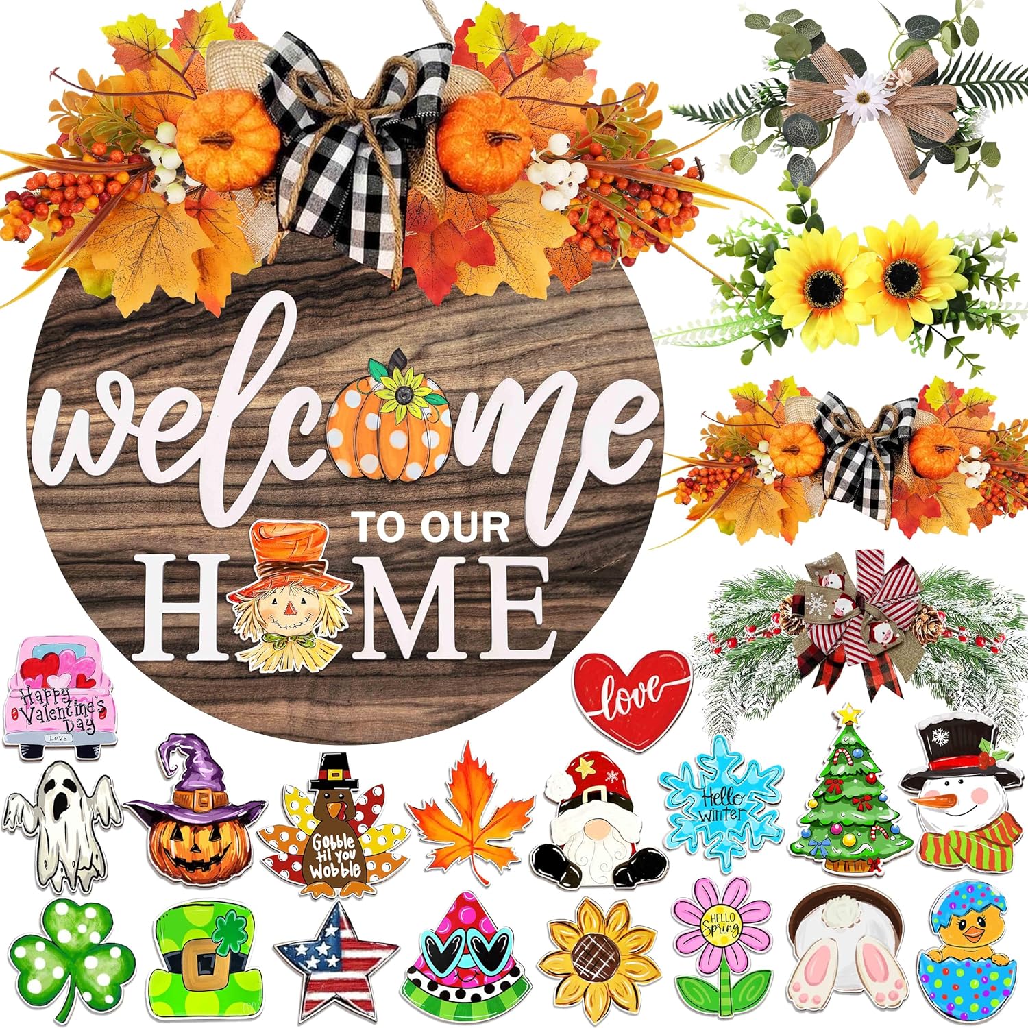 Interchangeable Welcome Sign for Front Door with 4 Seasonal Wreaths and 21 Changeable Icons, Farmhouse Rustic Outdoor Welcome Signs Porch, Holiday Spring Summer Winter Fall Decorations for Home Gifts Interchangeable Welcome Sign for Front Door with 4 Seasonal Wreaths and 21 Changeable Icons, Farmhouse Rustic Outdoor Welcome Signs Porch, Holiday Spring Summer Winter Fall Decorations for Home Gifts