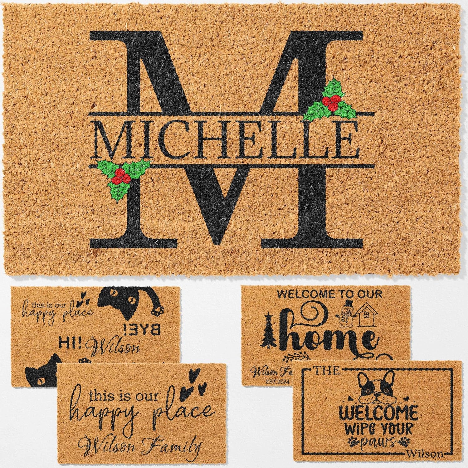 DIYKST Custom Welcome Door Mats for Front Door Outside Personalized Door Mat with Family Name Customized Doormat Outdoor Indoor Entrance for Housewarming/Dog Lovers/Wedding Gifts for New Couples (03)