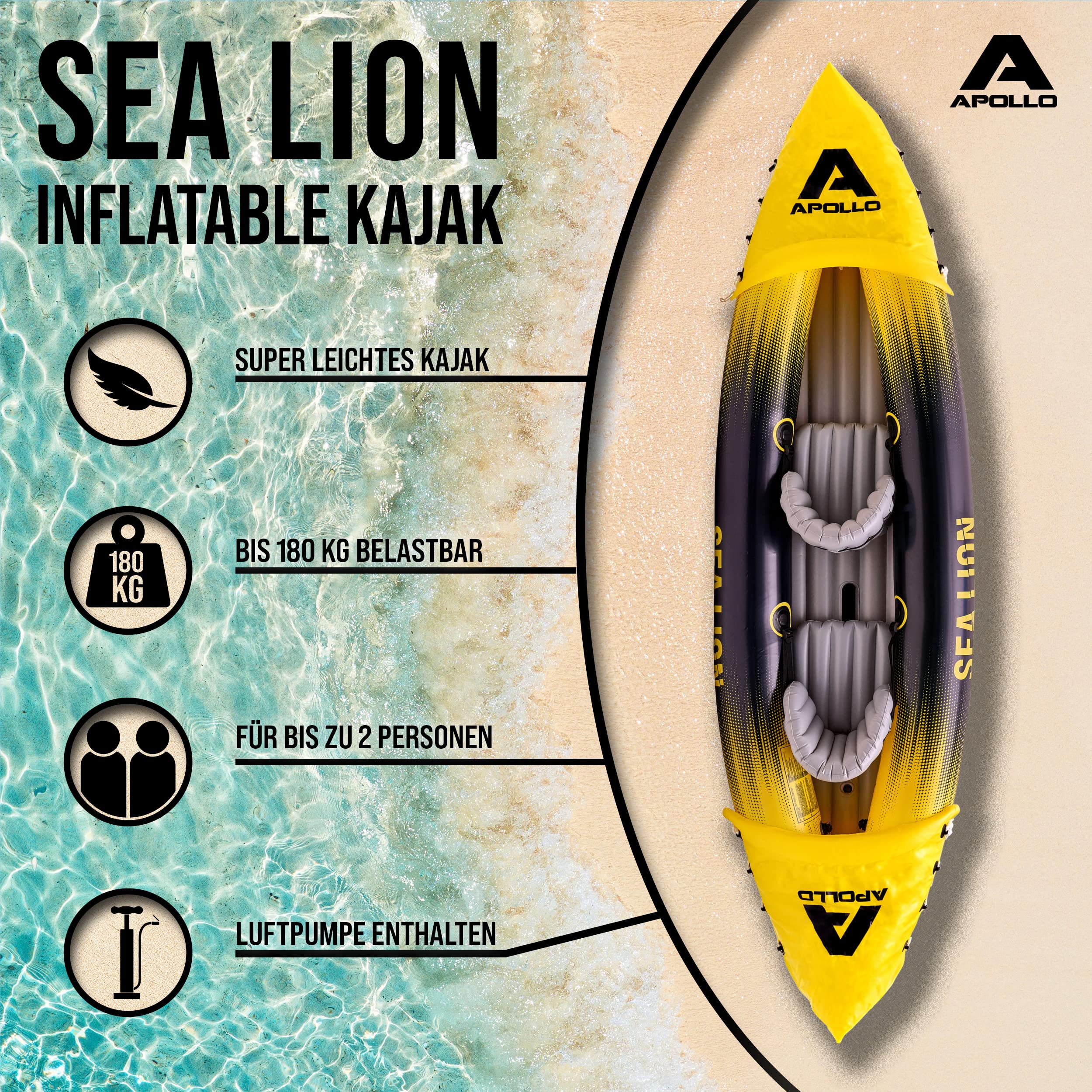 Apollo Kajak Sea Lion | aufblasbar, extra geräumig 312 x 91 x 51 cm | stabiles und leichtes Kanu | bequemes und wendiges Kajak aufblasbar 2 Personen Maximalbelegung | Komplettset einsatzbereit