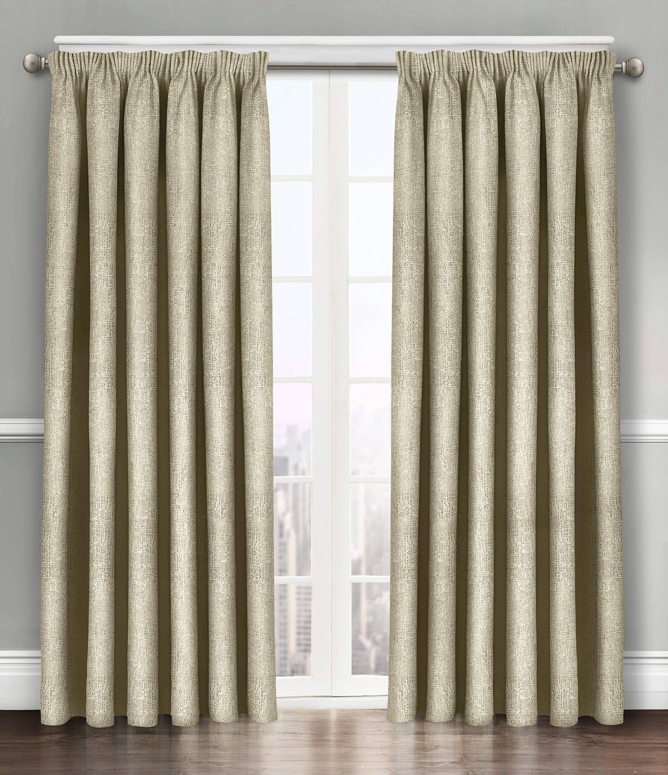 Velosso Beige Soft Thermal Insulated Pencil Pleated Dim Out Curtain Pair - 90% Blackout Embossed Curtains (, 46X54)