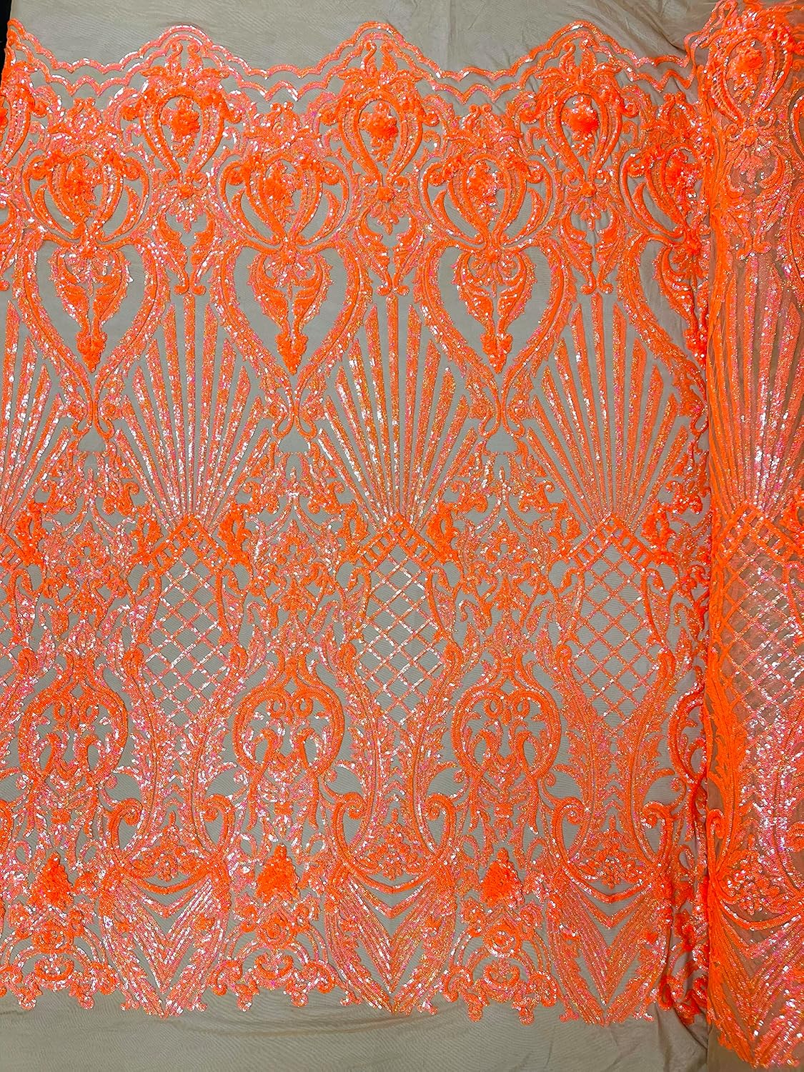 New Creations Fabric & Foam Inc, 50" Wide 100% Polyester Shiny Shell Damask Pattern On A 4 Way Stretch Mesh Fabric (Orange Hologram)