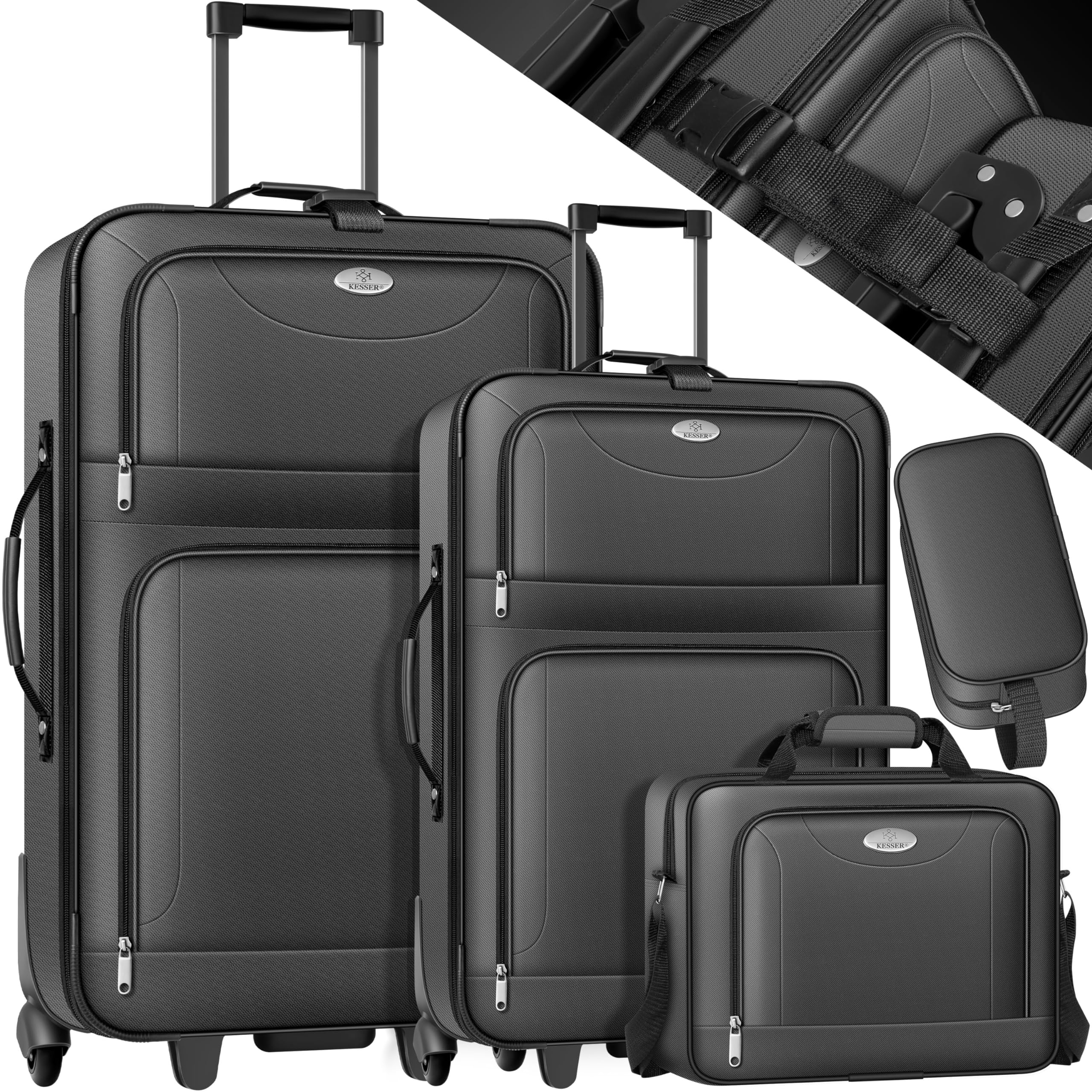 KESSER® Set di 4 valigie da viaggio con ruote, set completo da 4 pezzi, S M L XL, scomparto a rete, ruote, manico telescopico, valigetta da viaggio, bagaglio a mano, antracite.