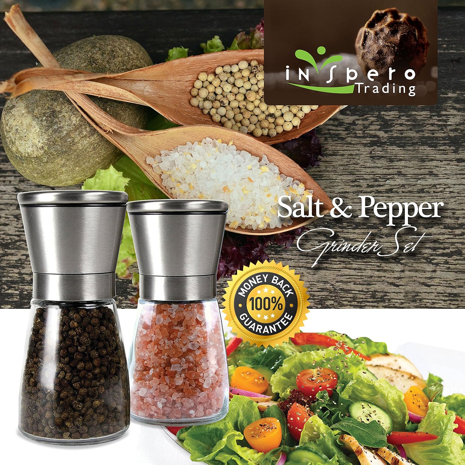 Salt and Pepper Grinder Set - Stainless Steel Refillable Salt and Pepper Shaker - Adjustable Ceramic Sea Salt and Pepper Grinder - Glass Salt and Pepper Mixer - Pepper and Salt Mill
