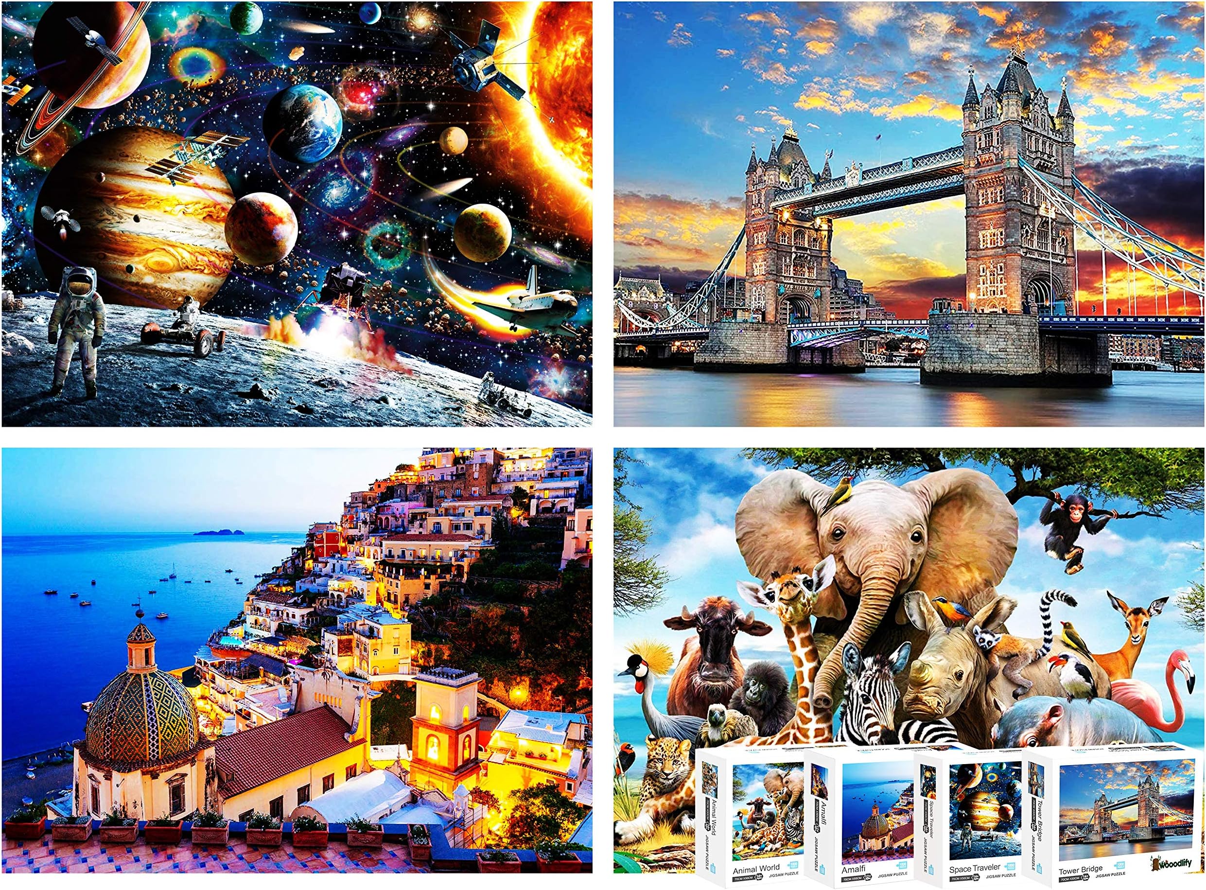 4-in-1 Mega Bundle Puzzle Pack - Most Famous Jigsaw Puzzles 1000 Pieces for Adults – Dreamy Positano, Space Traveler, Tower Bridge, Animals - Value Set of 4 Large Puzzles for Adults 1000 Piece