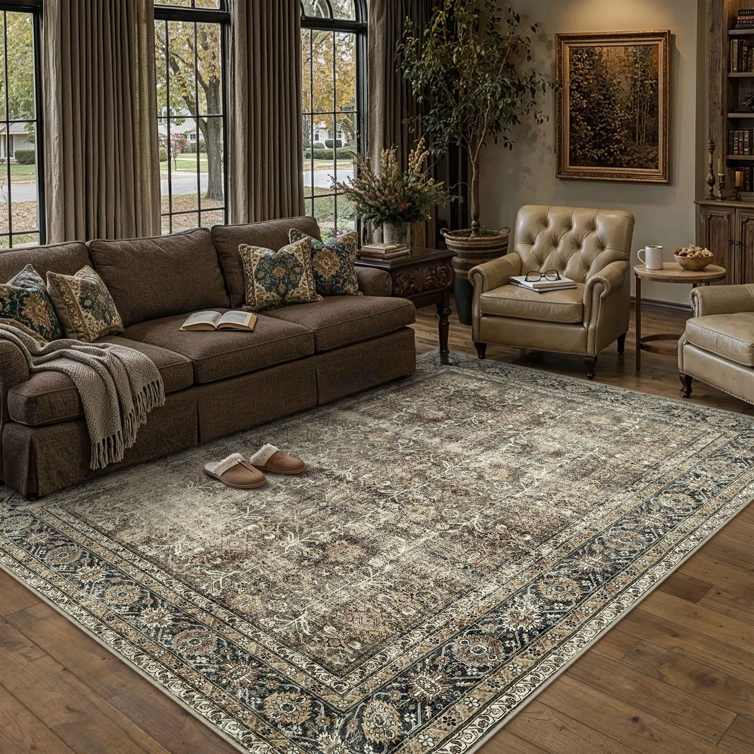 PureCozy Vintage Area Rug 5x8 Brown Washable Living Room Large Carpet Non Slip Bedroom Indoor Office Low Pile Traditional Distressed Retro Accent Rug for Dining Room Bathroom Kitchen — image 1