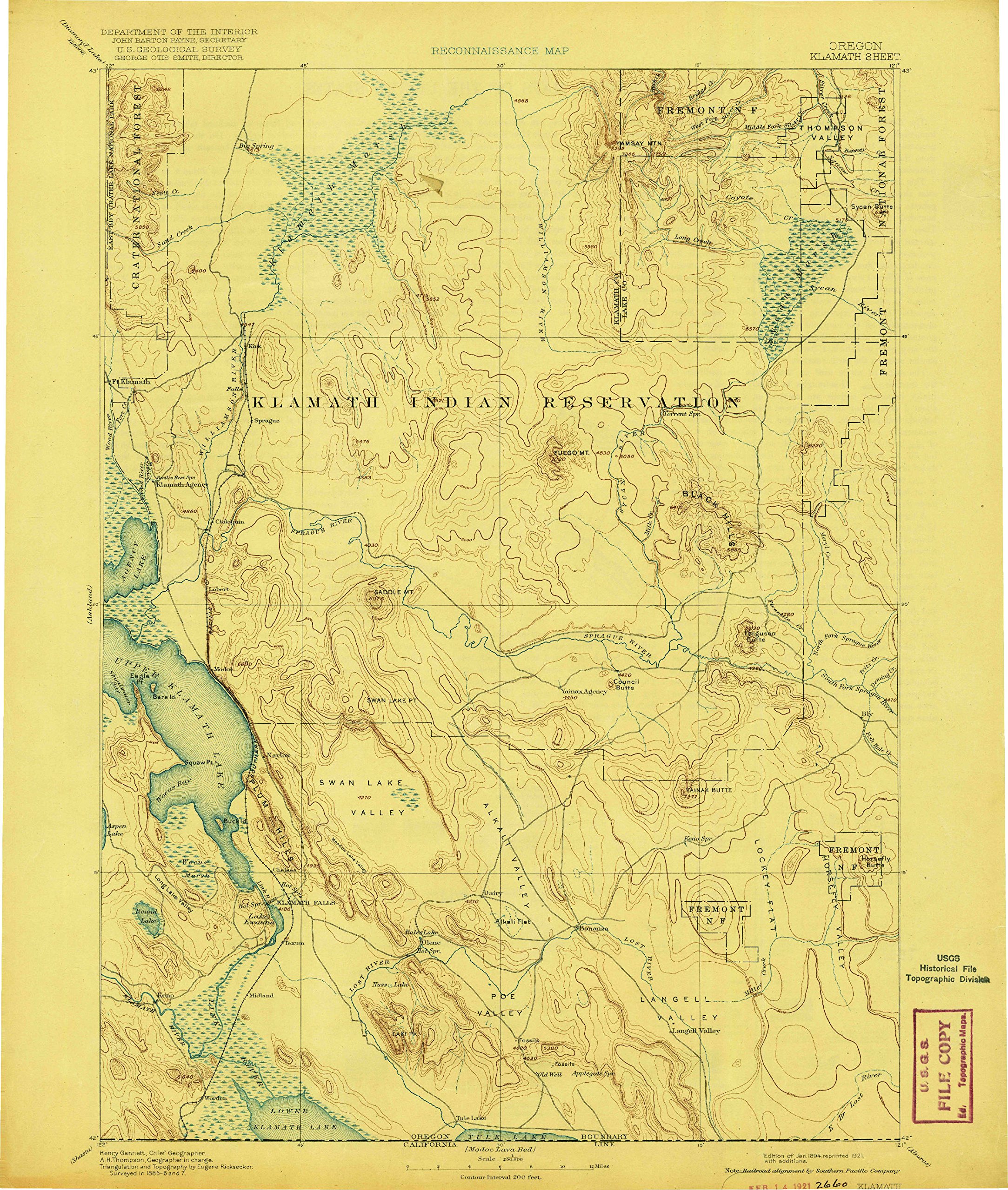 YellowMaps Klamath OR topo map, 1:250000 Scale, 1 X 1 Degree, Historical, 1894, Updated 1921, 19.4 x 16.4 in - Polypropylene