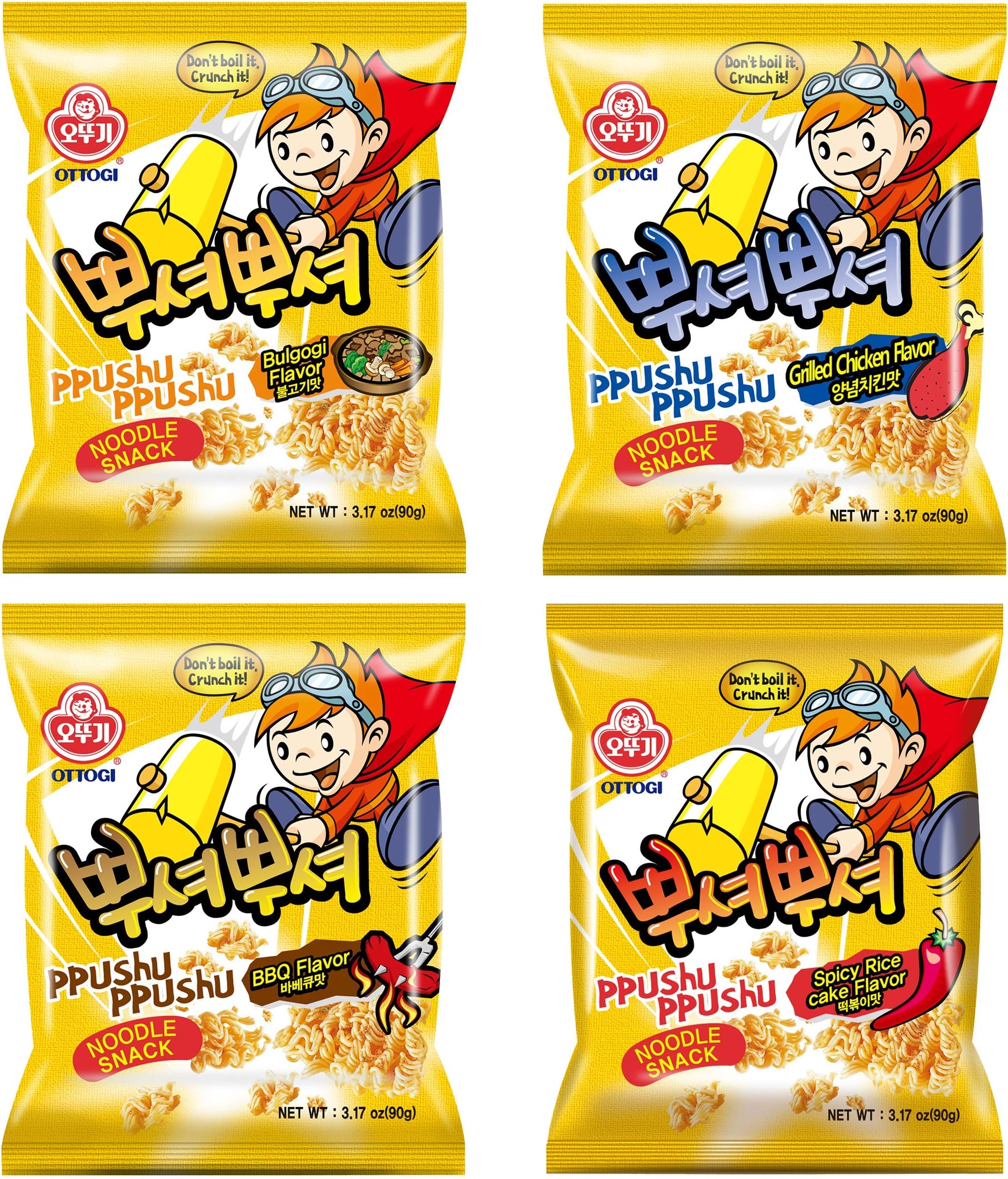OTTOGI PPUSHU PPUSHU Crush to Eat Noodle Snack- 1 of each Bbq, Bulgogi, Grilled Chicken, Spicy Rice Cake Flavors Variety Pack (90g) - 4 Pack