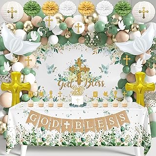 Baptism Party Decorations Mi Bautizo Party Supplies First Communion Decor Boys Girls Baby Shower Christening Decorations God Bless Backdrop Tablecloth Banner Balloons Garland (Baptism-01)