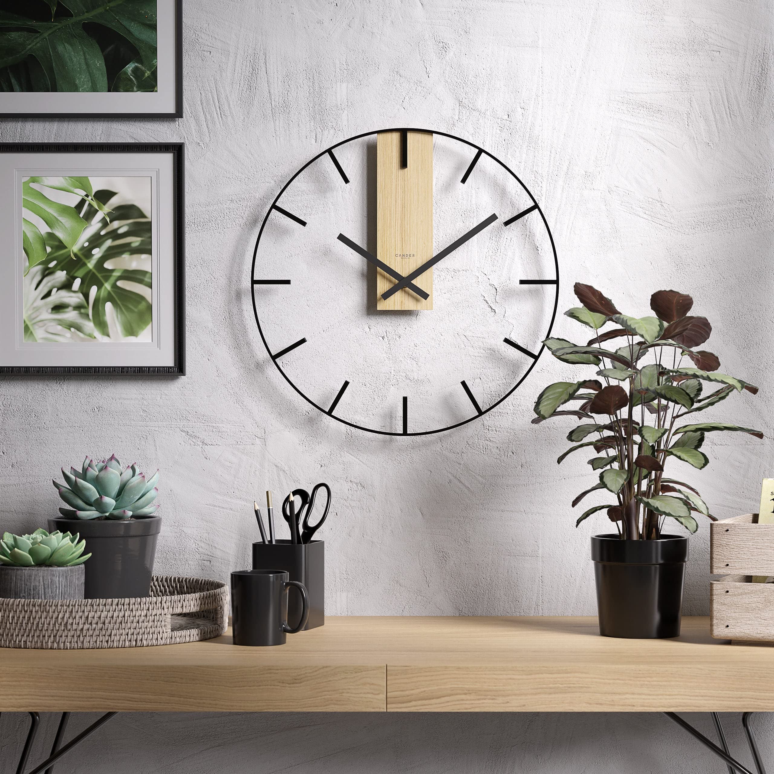Cander Berlin UNDIS XXL Vintage Wanduhr lautlos 60 cm Metall Holz Eichenurnier ohne Tickgeräusche groß modern schwarz Wohnzimmer