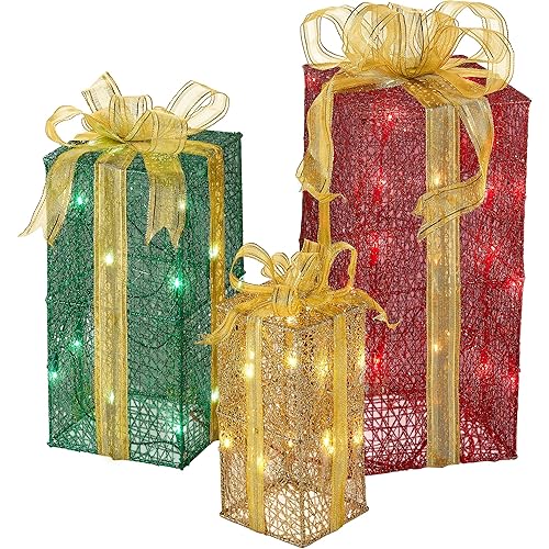 National Tree Company lit Artificial Christmas Décor 3-Piece Set Includes Pre-Strung White Mini Lights Sisal Gift Boxes