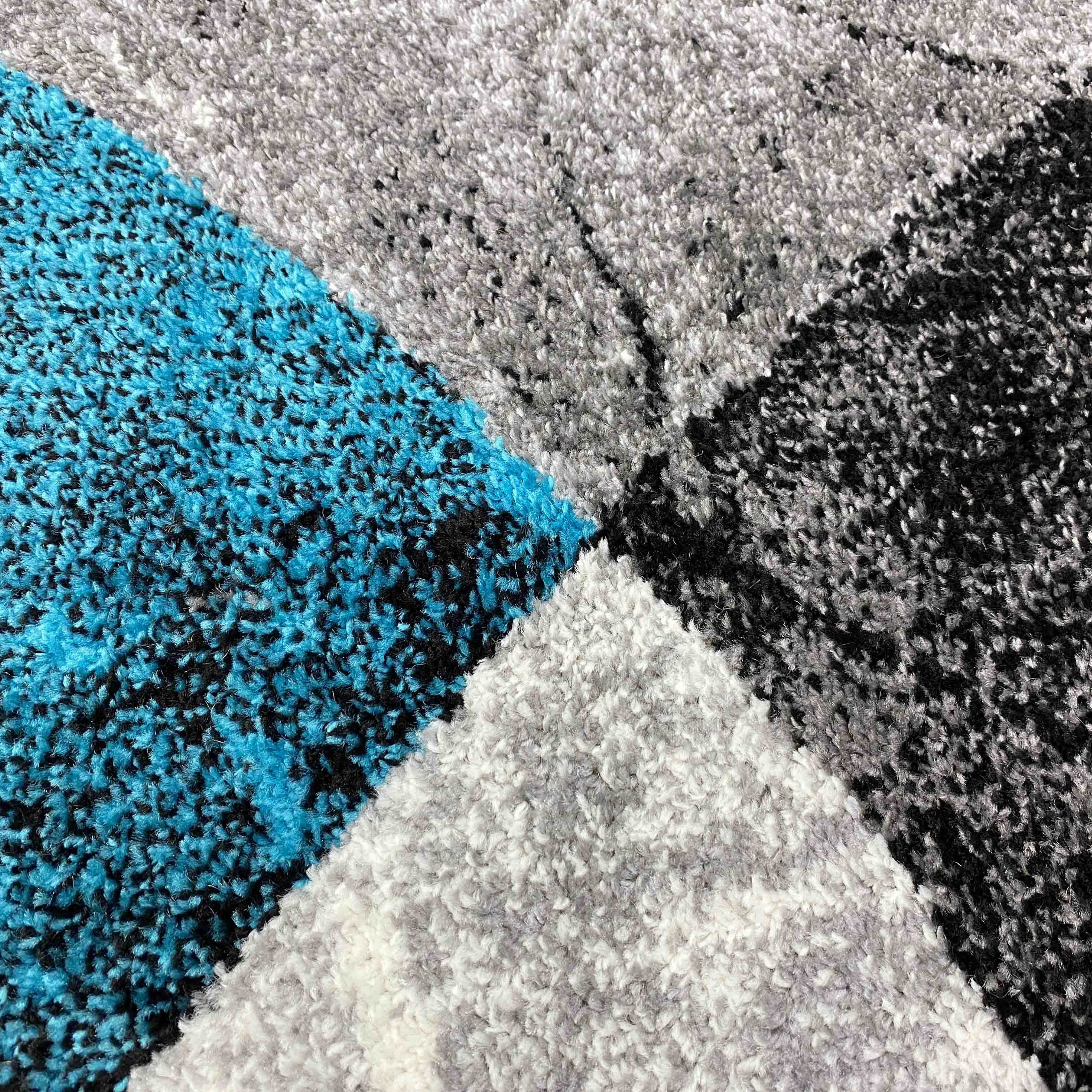 Teppich-Traum Tapis de Salon Moderne Design Abstrait marbré Losanges ondulés Bleu Gris - résistant & Durable Größe 80 x 300 cm