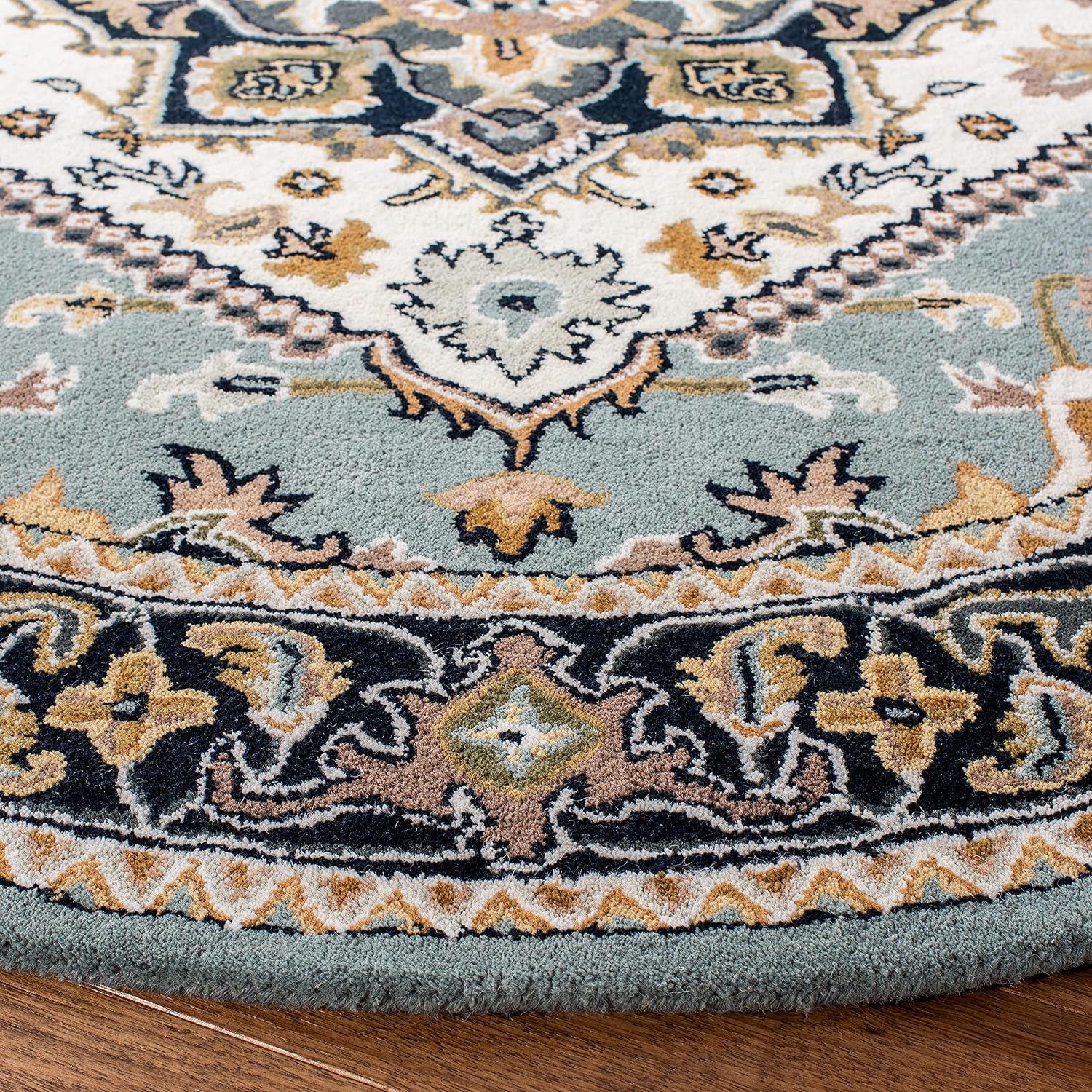 SAFAVIEH Heritage Collection Area Rug - 6' Round, Grey & Green, Handmade Wool, Traditional Oriental Medallion Design, Ideal for Living Room, Bedroom, Dining Space (HG625W)
