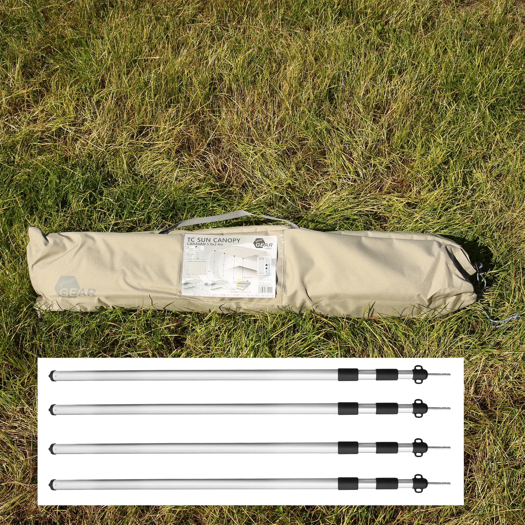 your GEAR Caravan Tarp TC Auvent de caravane - Voile d'ombrage en coton imperméable avec UV 50+, barres télescopiques en aluminium, 5 tailles, beige/sable, 500 x 240 cm